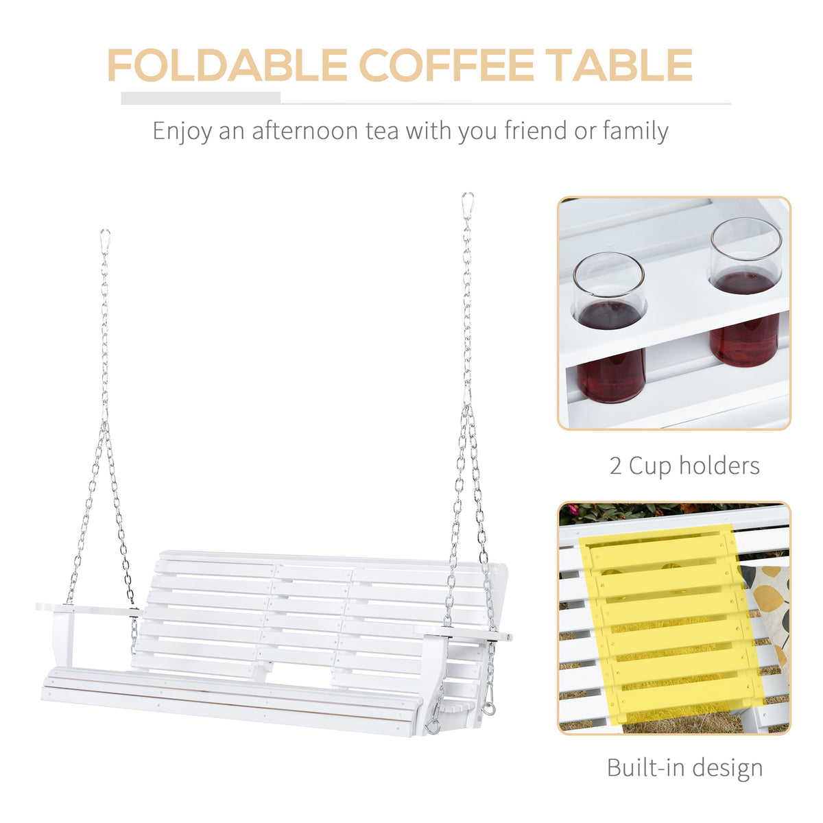 3-Seater Wooden Porch Swing, Patio Swing Bench with Folding Coffee Table, Cup Holders and Chains Included, 440lbs Weight Capacity, White