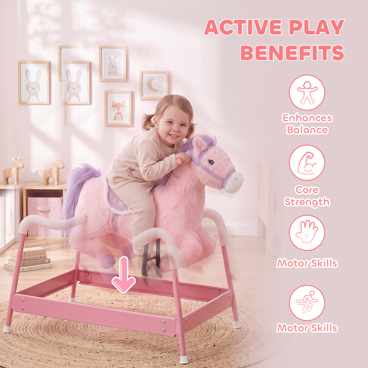 Kids Spring Rocking Horse, Ride on Horse with Neighing Sounds, Plush Animal Ride on Toy for Ages 3+ Years, Pink