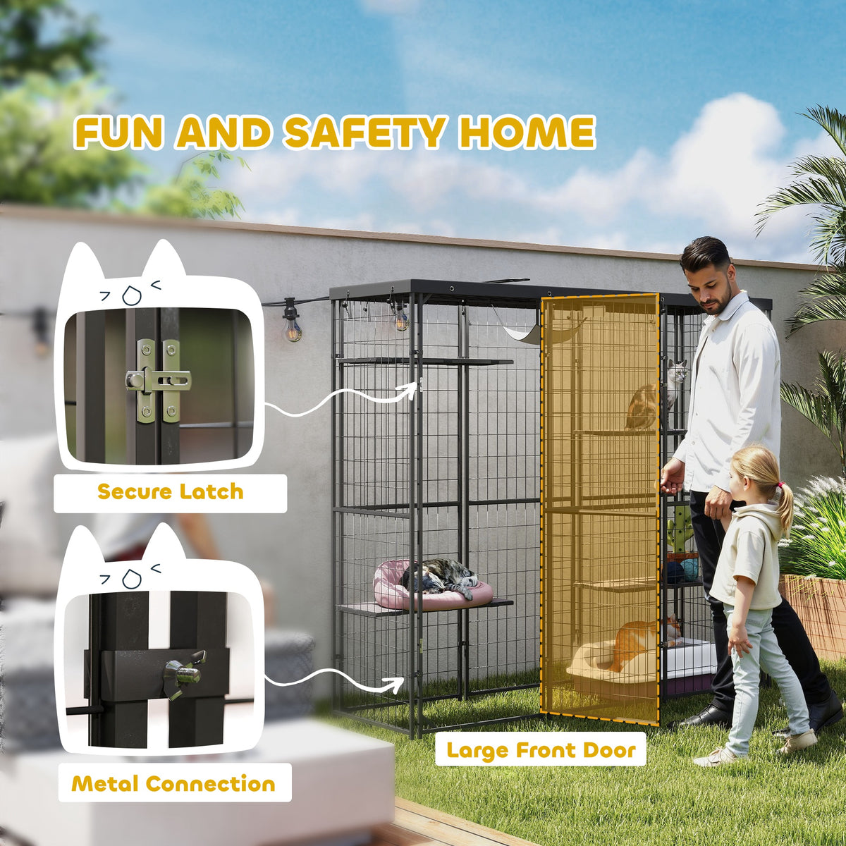 Weld Wire Catio Outdoor Indoor with Waterproof Cover, 4 Jumping Platforms, Hammock, for 1-3 Kittens, 69" x 22" x 62"