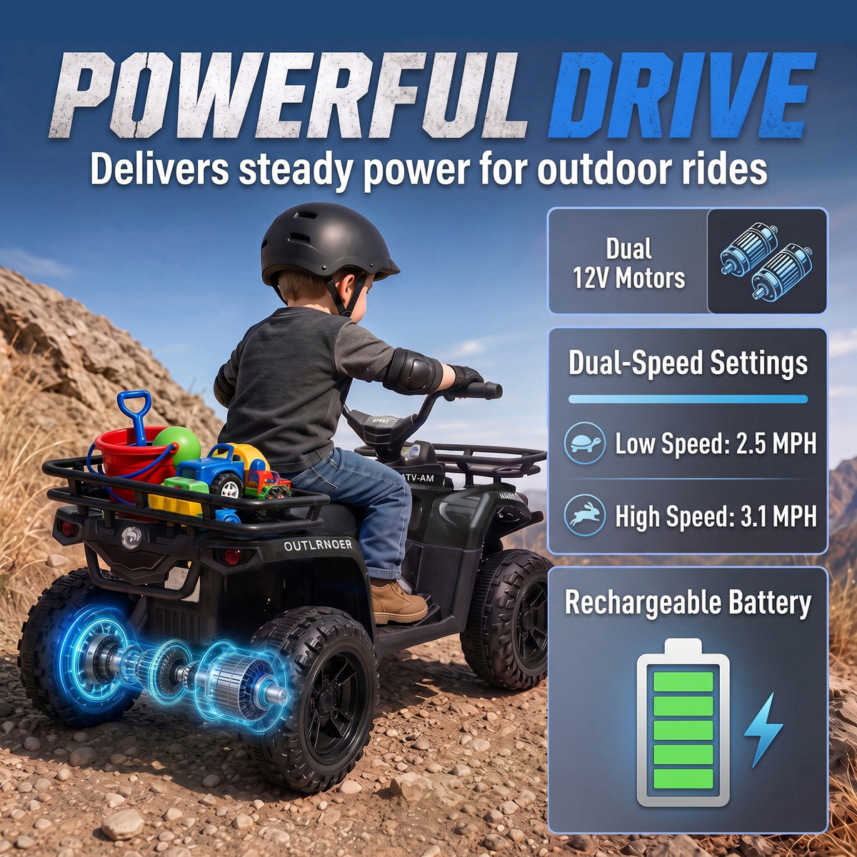 24V Ride on ATV, 4 Wheeler for Kids with Dual Motors, Soft Start, Battery Display, Music, Lights for 3-8 Years, Black