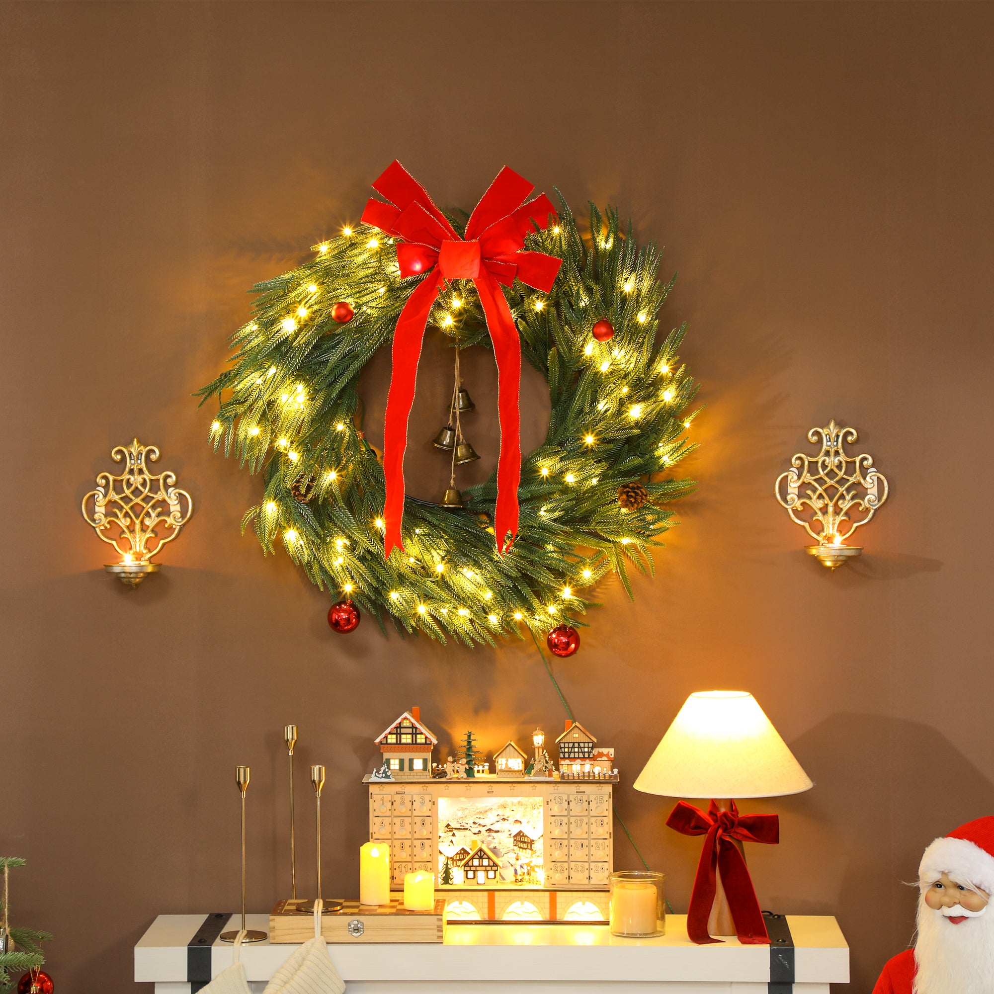 36 Inch Christmas Wreath for Front Door with LED Lights, Prelit Christmas Wreath with 8 Modes and Ornaments, Green