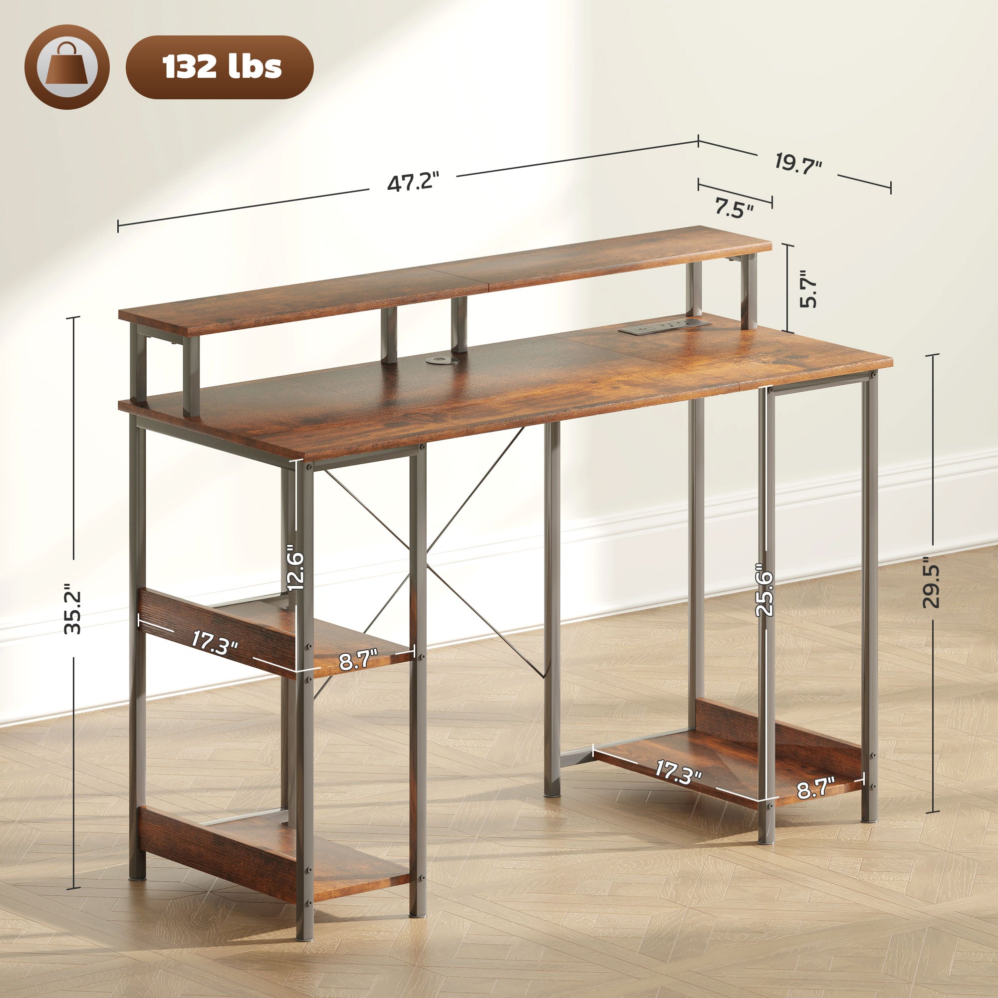 Computer Desk with Storage, 47" Reversible Computer Table with Power Outlets and LED Lights, Rustic Brown