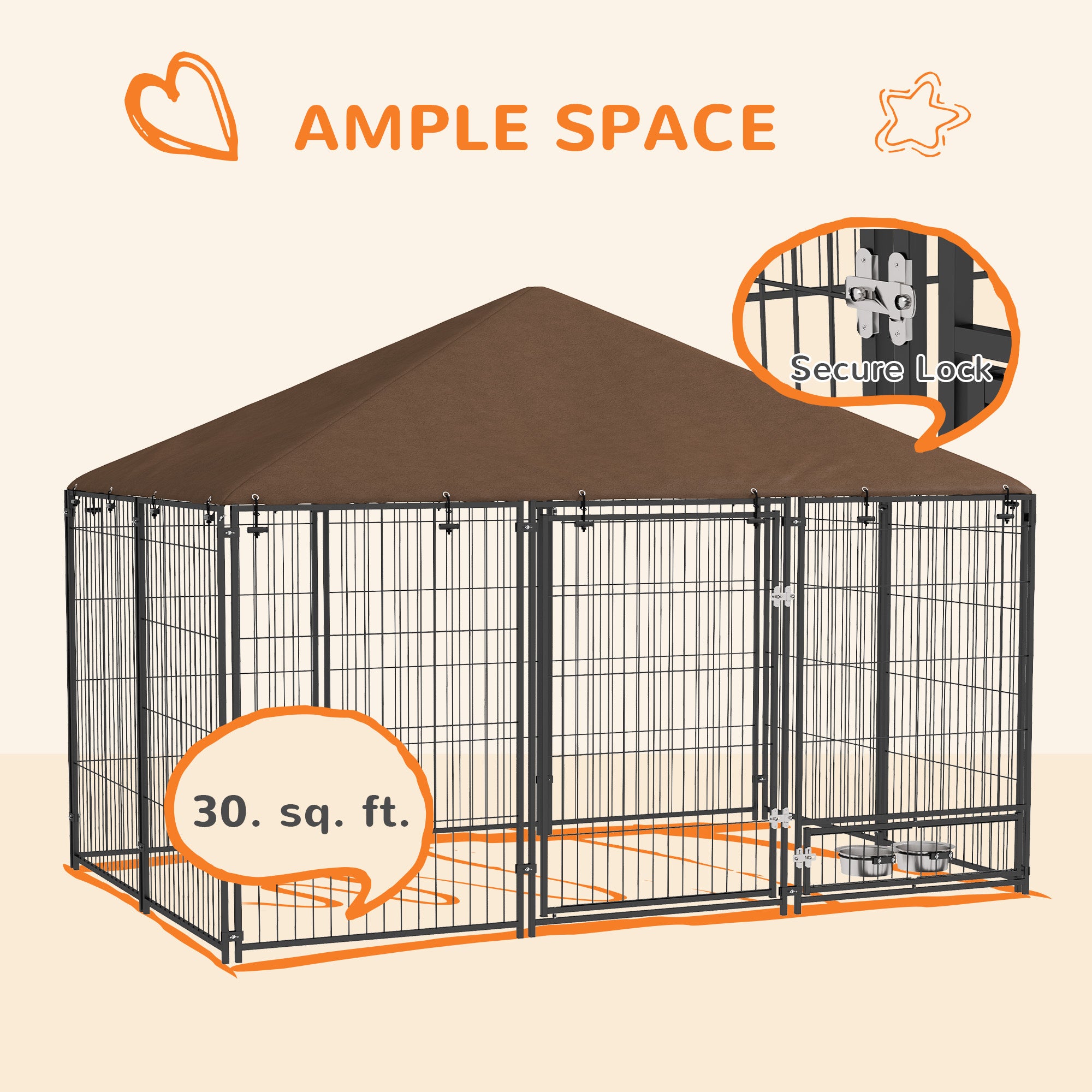 Outside Dog Kennel, 6.9' x 4.6' x 5' Puppy Play Pen with Canopy, Garden Playpen Fence Crate with Rotating Bowl, Black - Black - Image 8