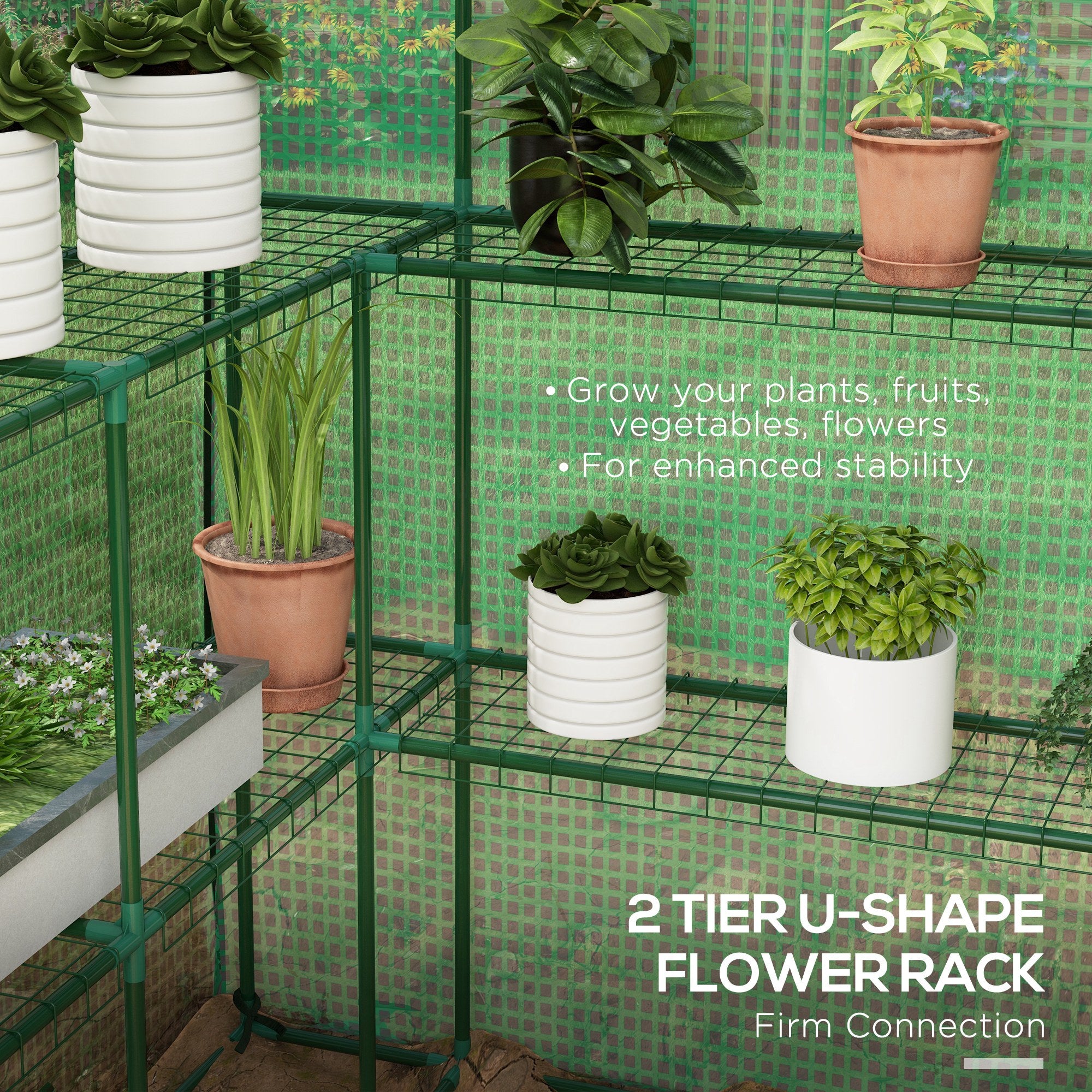 4.6' x 4.7' Portable Greenhouse, Water/UV Resistant Walk-In Small Outdoor Green House with 2 Tier U-Shaped Flower Rack Shelves, Roll Up Door & Windows, Green - Green - Image 4