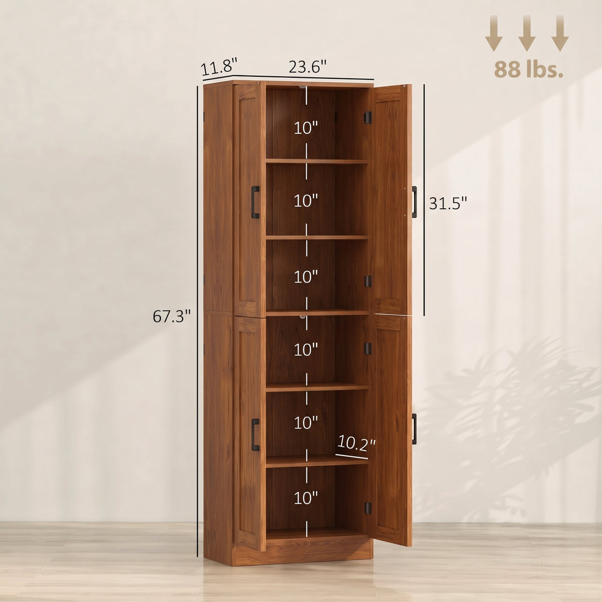 Freestanding Kitchen Pantry, 4-Door Kitchen Pantry Cabinet with Adjustable Shelves and Doors, Teak