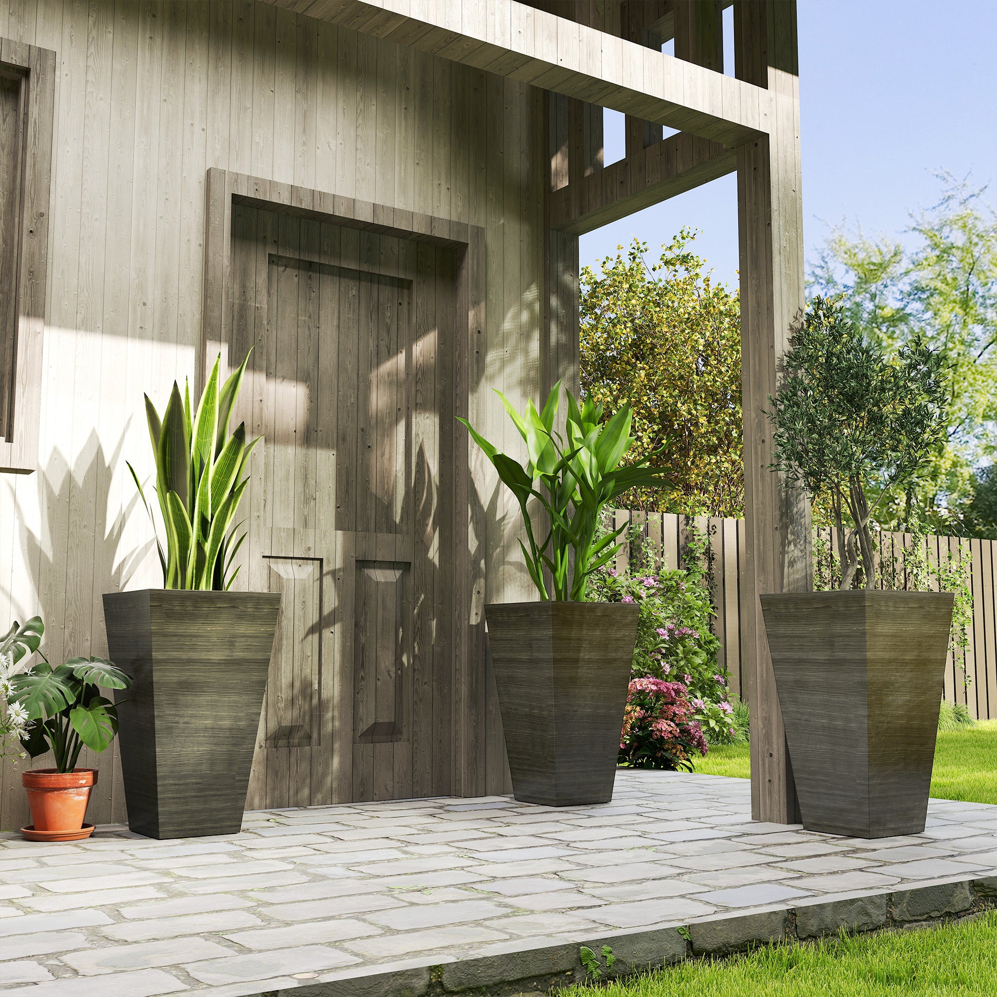 Set of 3 Tall Planters, 28" Outdoor Planter w/ Drainage Holes, Faux Wood Plastic Flower Pots, Dark Brown - Dark Brown - Image 2