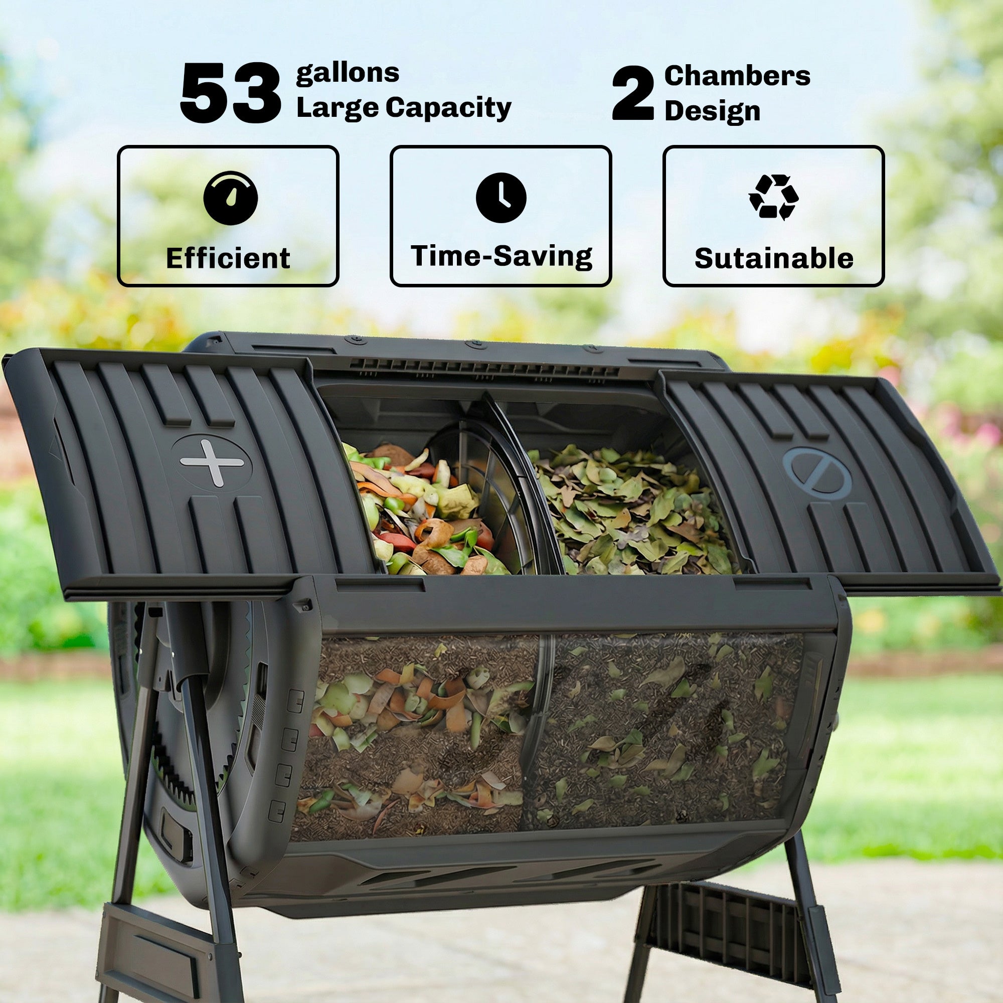 Compost Bin Outdoor, 53 Gal Dual Chamber Tumbling Composter with Adjustable Vents, BPA Free Tumbling Composter, Black - Black - Image 4
