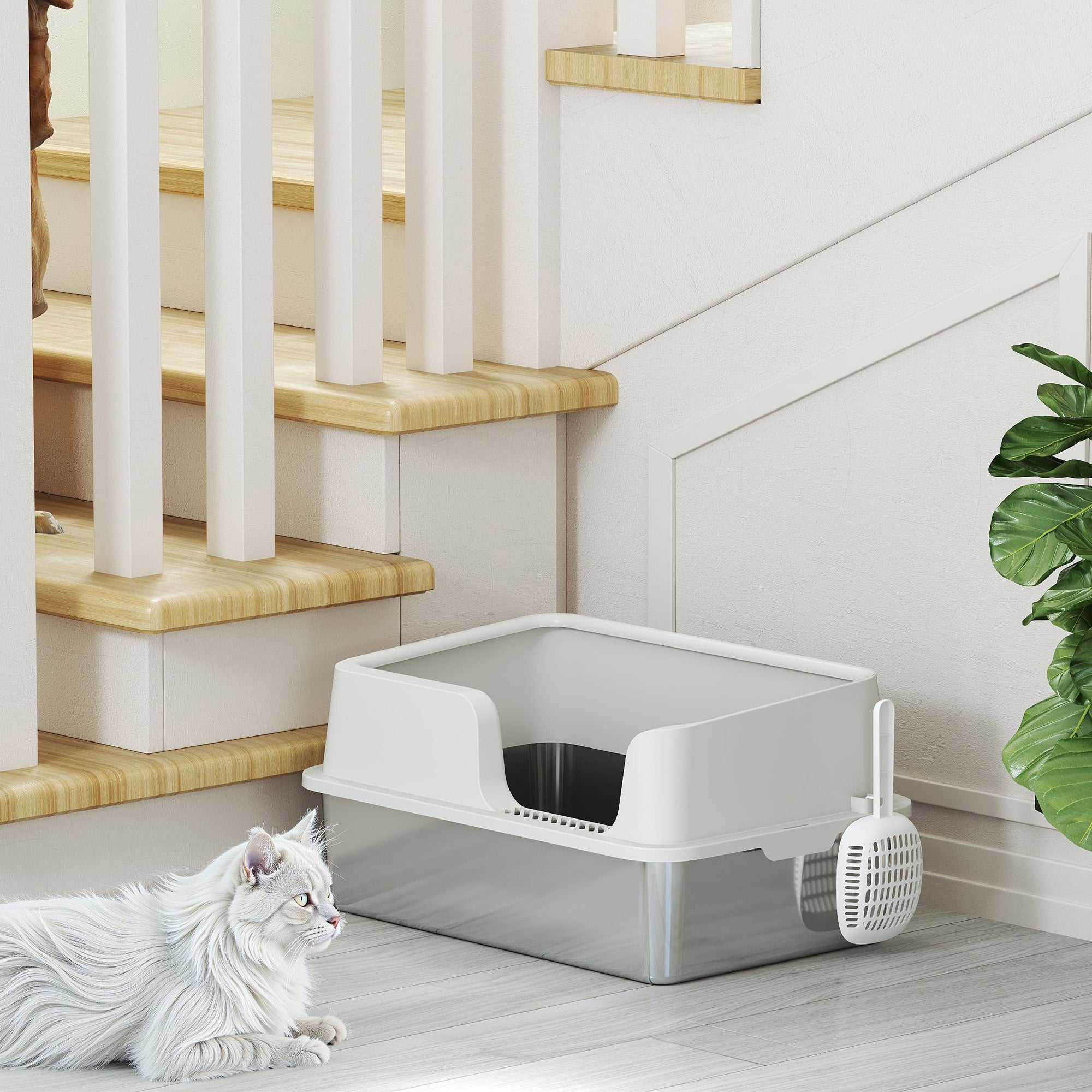 Stainless Steel Litter Box with High Side, Scoop, Easy Cleaning & Anti-Urine Leakage, for Big Cats, Light Gray - Light Gray - Image 8