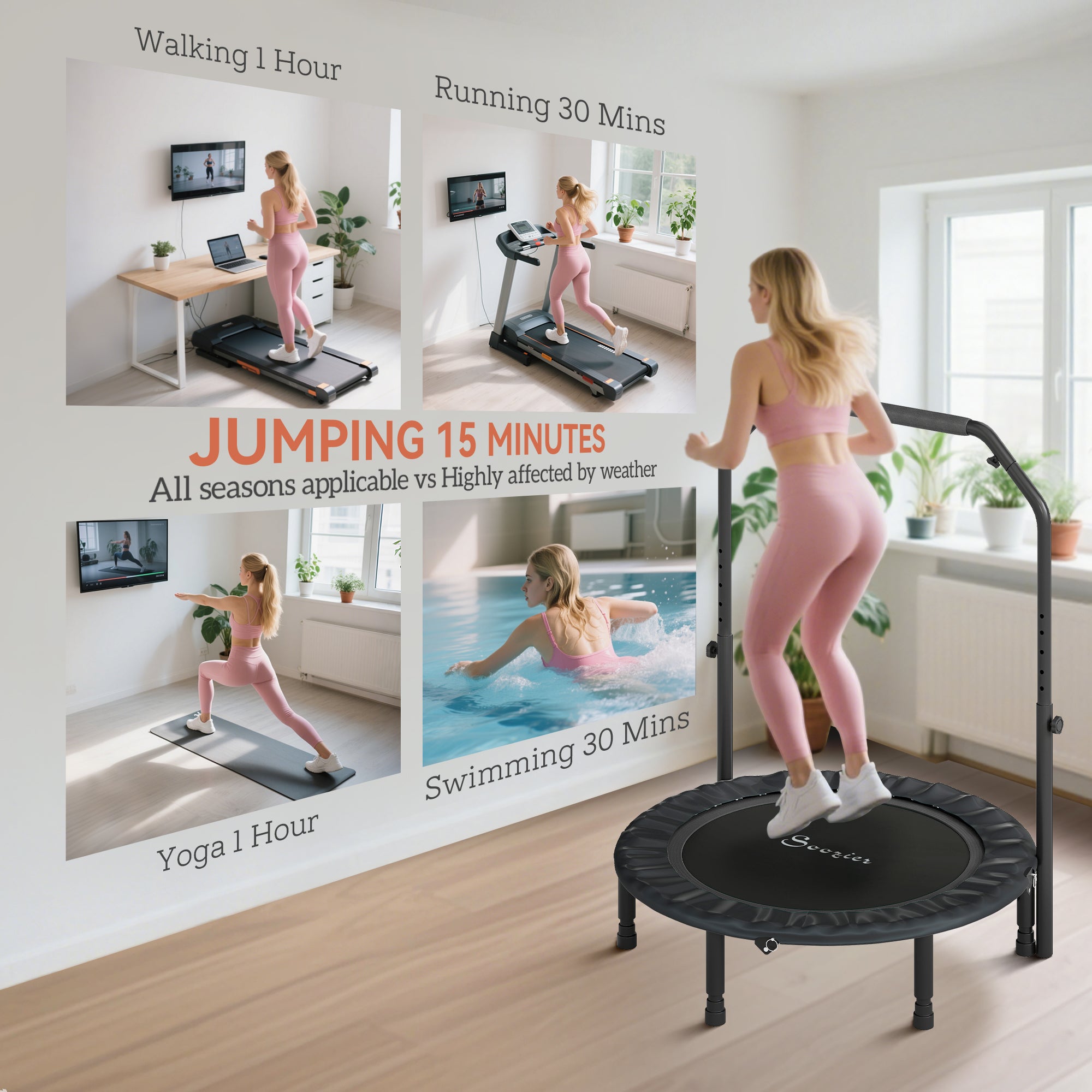40" Foldable Mini Trampoline, Rebounder Trampoline for Adults with Adjustable Foam Handle, Black