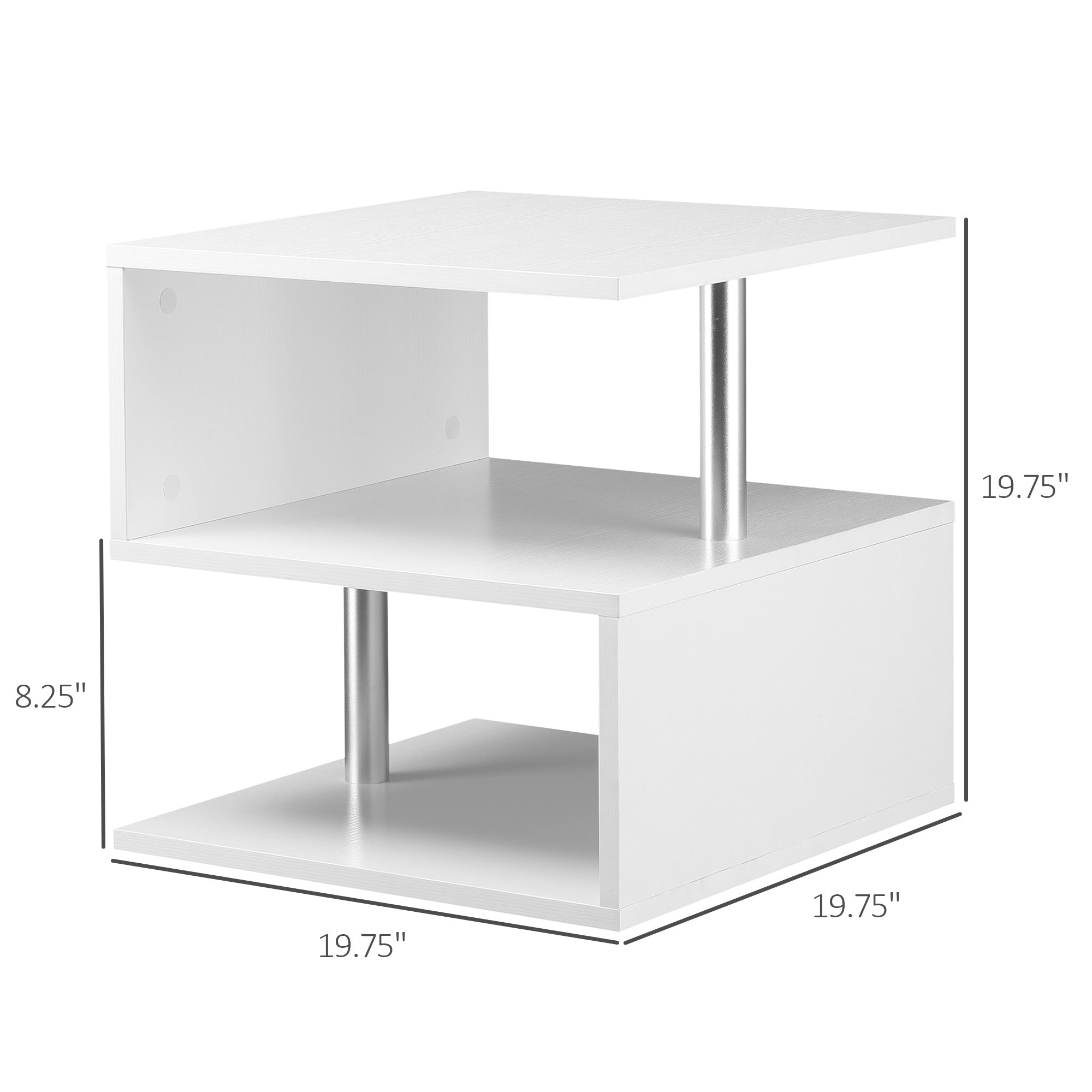 20" Modern S-Shaped Multi-Level Accent End Table Shelf with Steel Poles, White