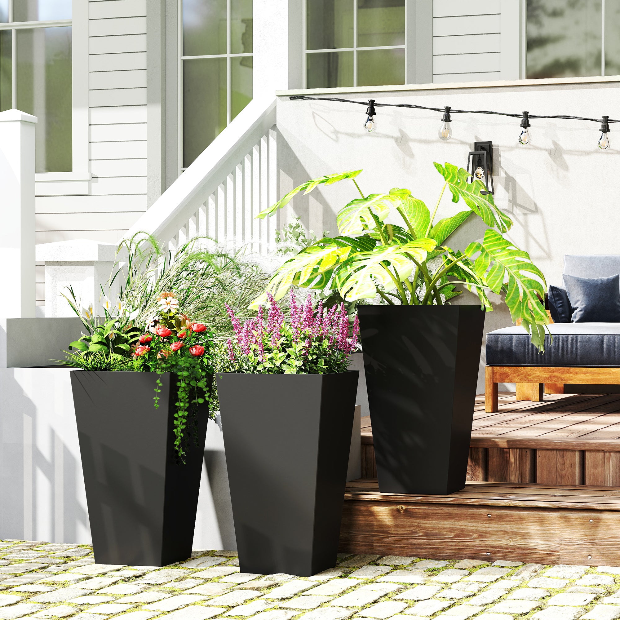 Tall Planters for Outdoor Plants Set of 3, 28 In Taper Planters with Drainage Holes, Indoor Grande Plant Pots, Front Porch Decor (Black) - Black - Image 2