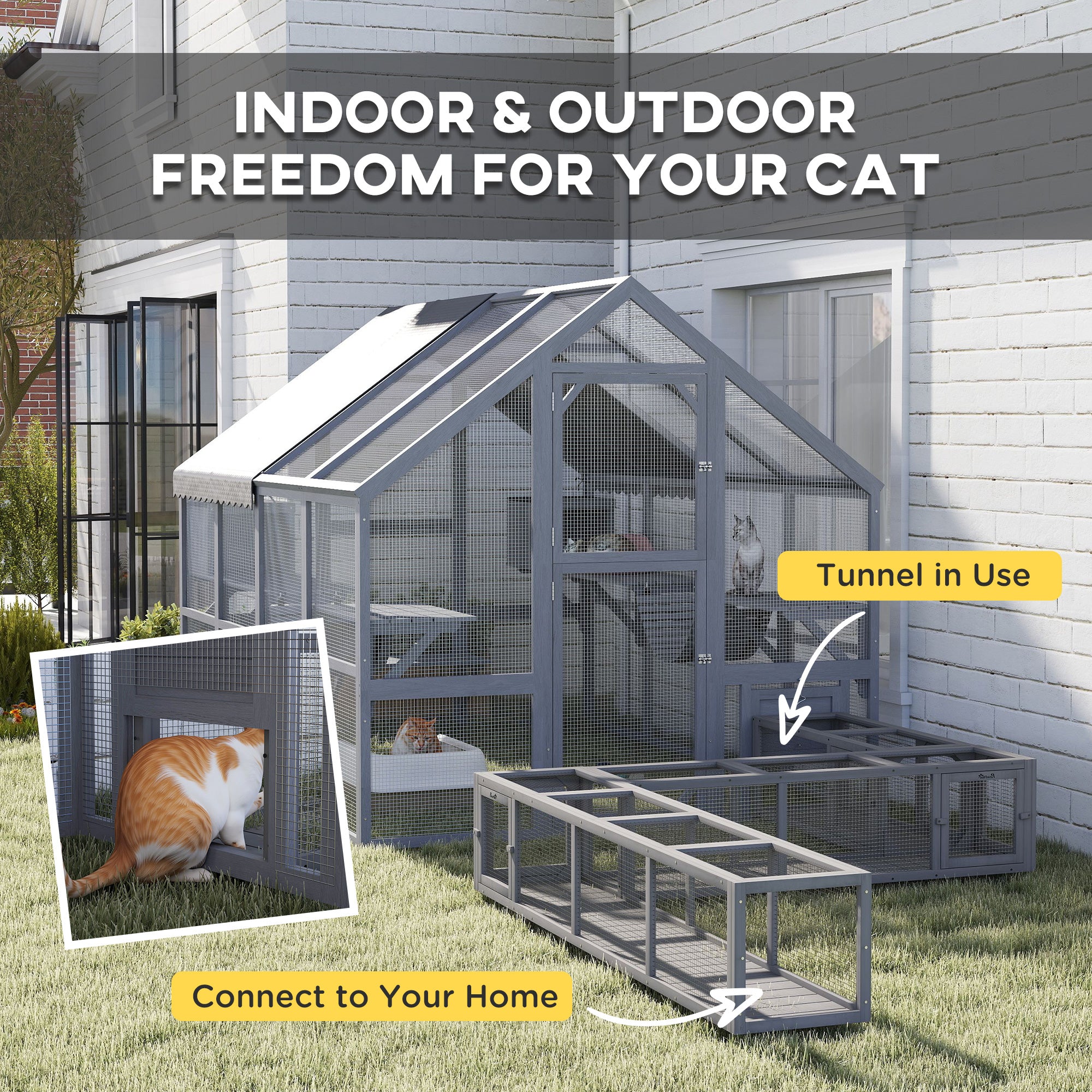 Wooden Catio Outdoor Cat Enclosure with Waterproof Cover, 2 Condos, 6 Platforms, Bridge, Doors, Gray - Gray - Image 4
