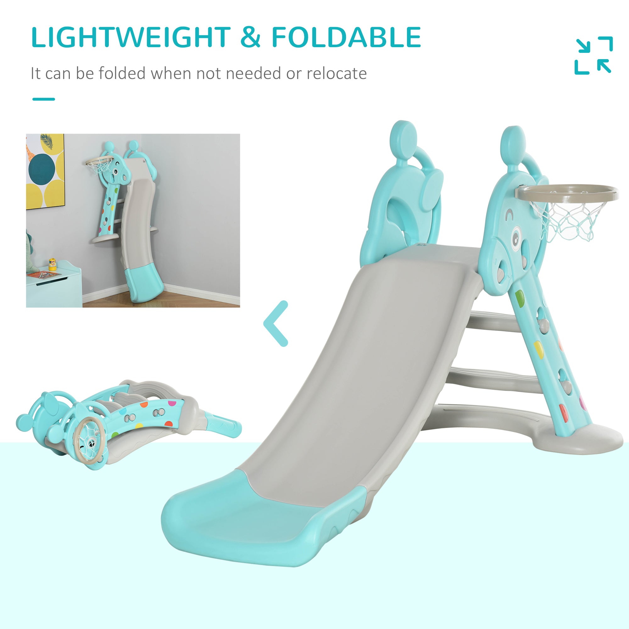 2 in 1 Kids Slide with Basketball Hoop, Foldable Toddler Freestanding Slider Playset, for 18 months -4 Years Deer Shaped, Includes Basketball, Pump - Blue