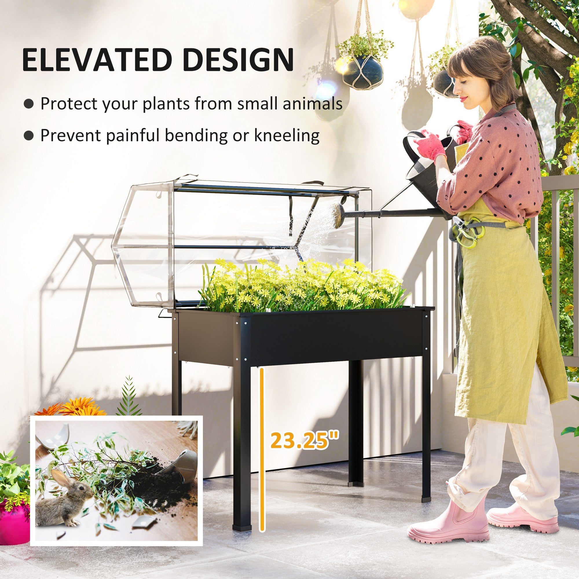 Elevated Garden Box with Greenhouse Cover, Raised Garden Bed with Legs and Drainage Hole for Vegetables, Black - Black - Image 5
