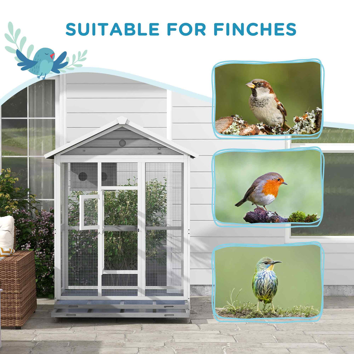 64.5" Wooden Bird Cage Aviary, Flight Cage with 4 Perches, Nest and Slide-Out Tray for Indoor/Outdoor, Gray - Gray - Image 8