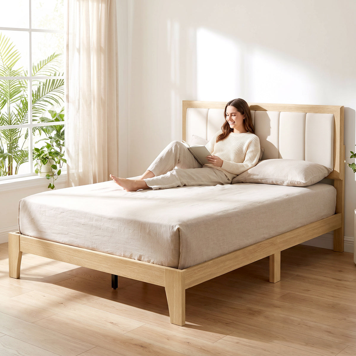 Full Bed Frame with Headboard Full Size Platform Bed Frame with Wooden Slats No Box Spring Needed Easy Assembly Oak