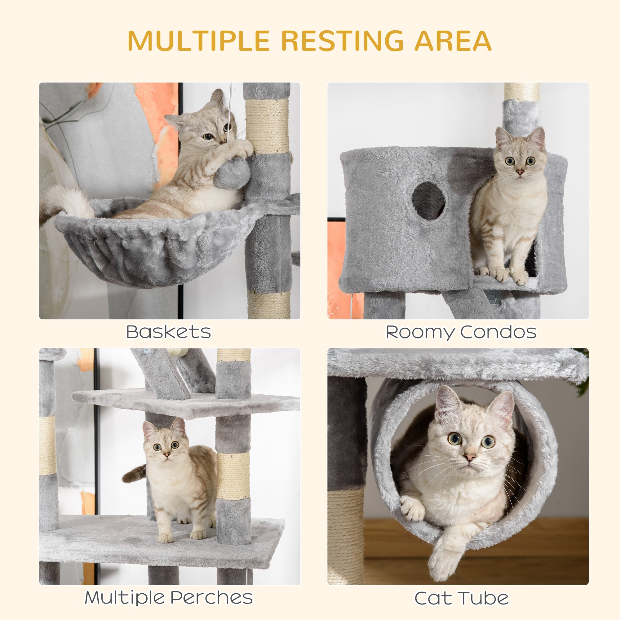 Floor to Ceiling Cat Tree, 94.5-102.5 inch Height Adjustable Cat Climbing Tower with Scratching Posts, Condos, Hammocks - Light Gray - Image 5