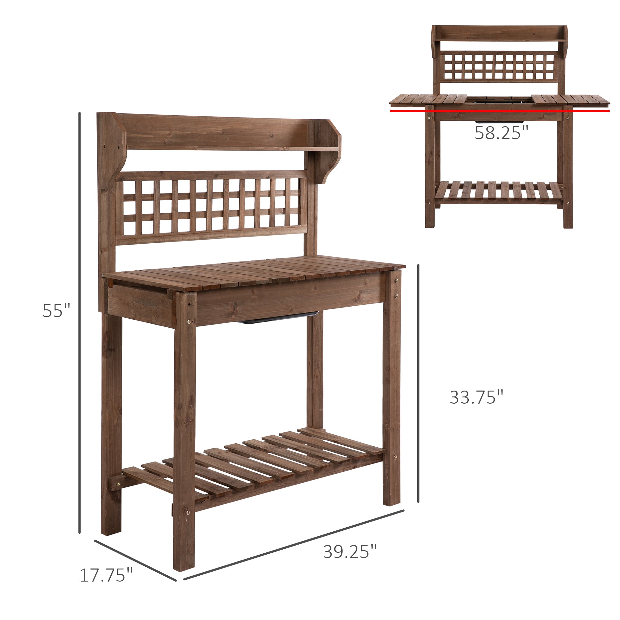 Outdoor Potting Bench Table, Wooden Workstation with Sliding Tabletop, Storage Shelf and Dry Sink, for Greenhouse, Garden, Patio, Brown - Brown - Image 3
