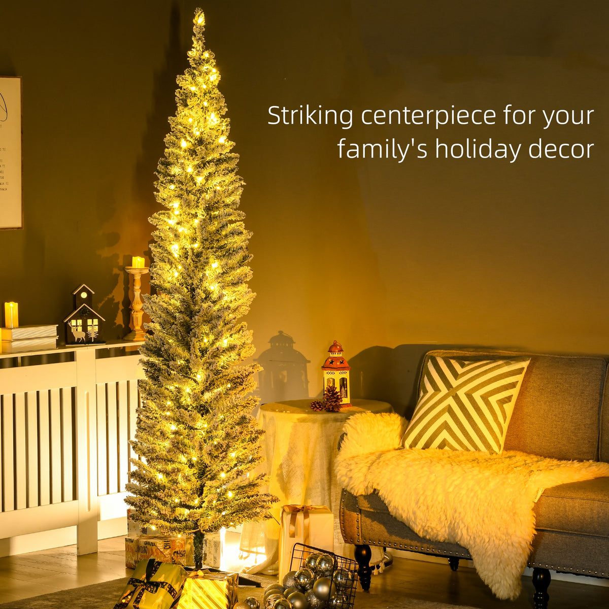 7ft Pencil Christmas Tree, Slim Artificial Christmas Tree with Realistic Branches and Warm White LED Lights, Green