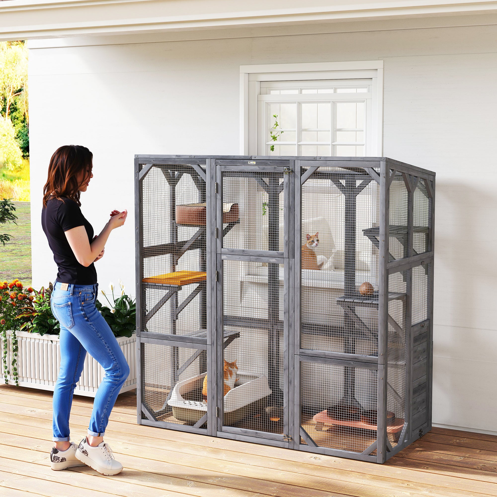 Large Wooden Catio Outdoor with 6 Jumping Platforms, Weatherproof Roof, for 1-3 Cats, 59" x 28" x 60", Gray - Gray - Image 8