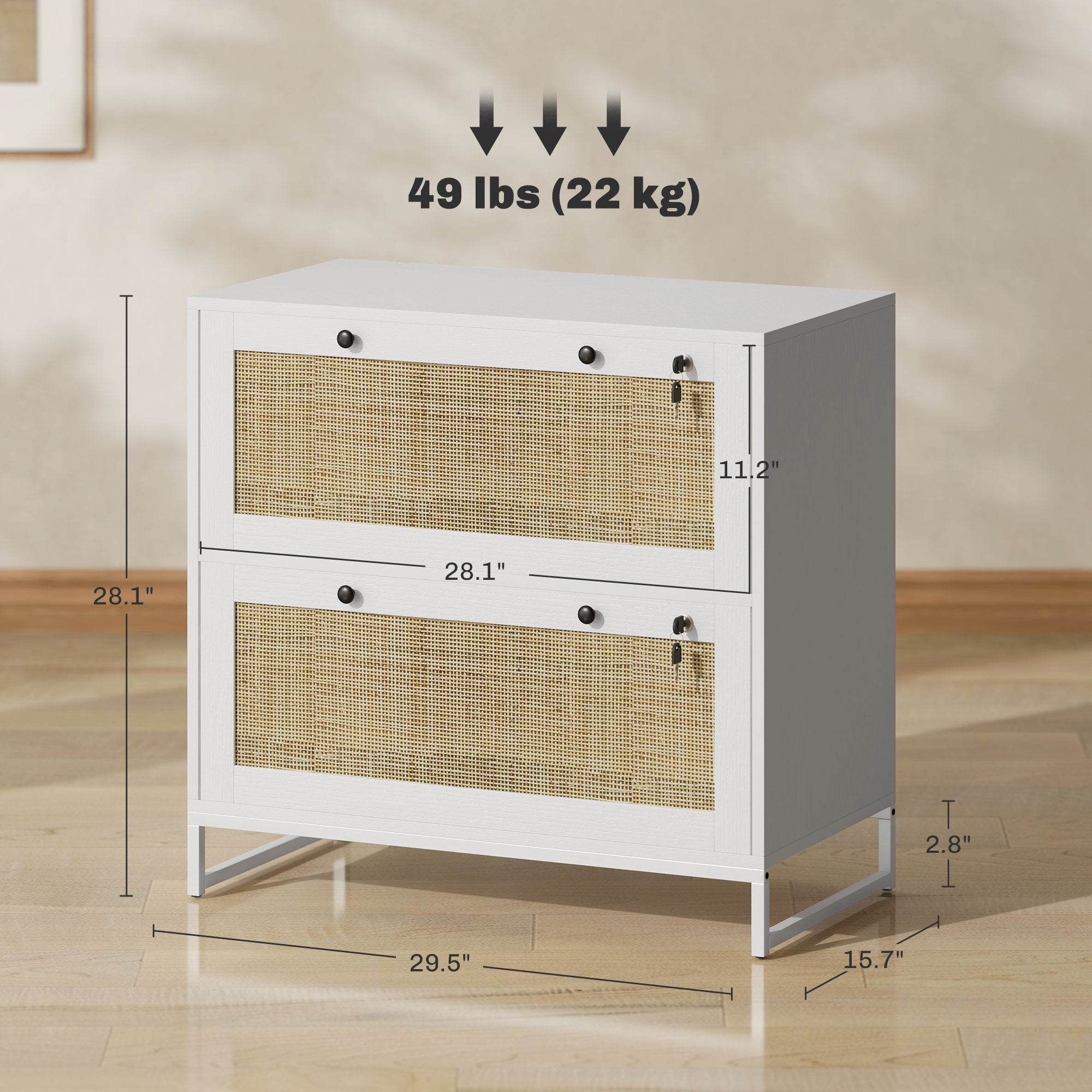 Lockable Filing Cabinet, Boho 2 Drawer File Cabinet with Adjustable Hanging Bar for Letter, A4 and Legal Size, White