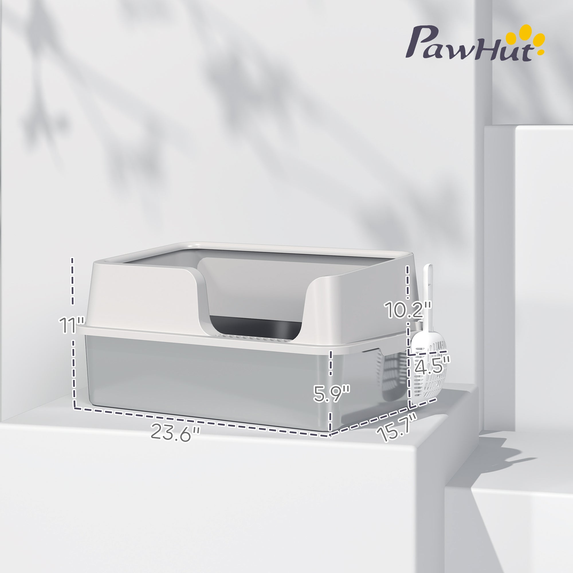 Stainless Steel Litter Box with High Side, Scoop, Easy Cleaning & Anti-Urine Leakage, for Big Cats, Light Gray - Light Gray - Image 3