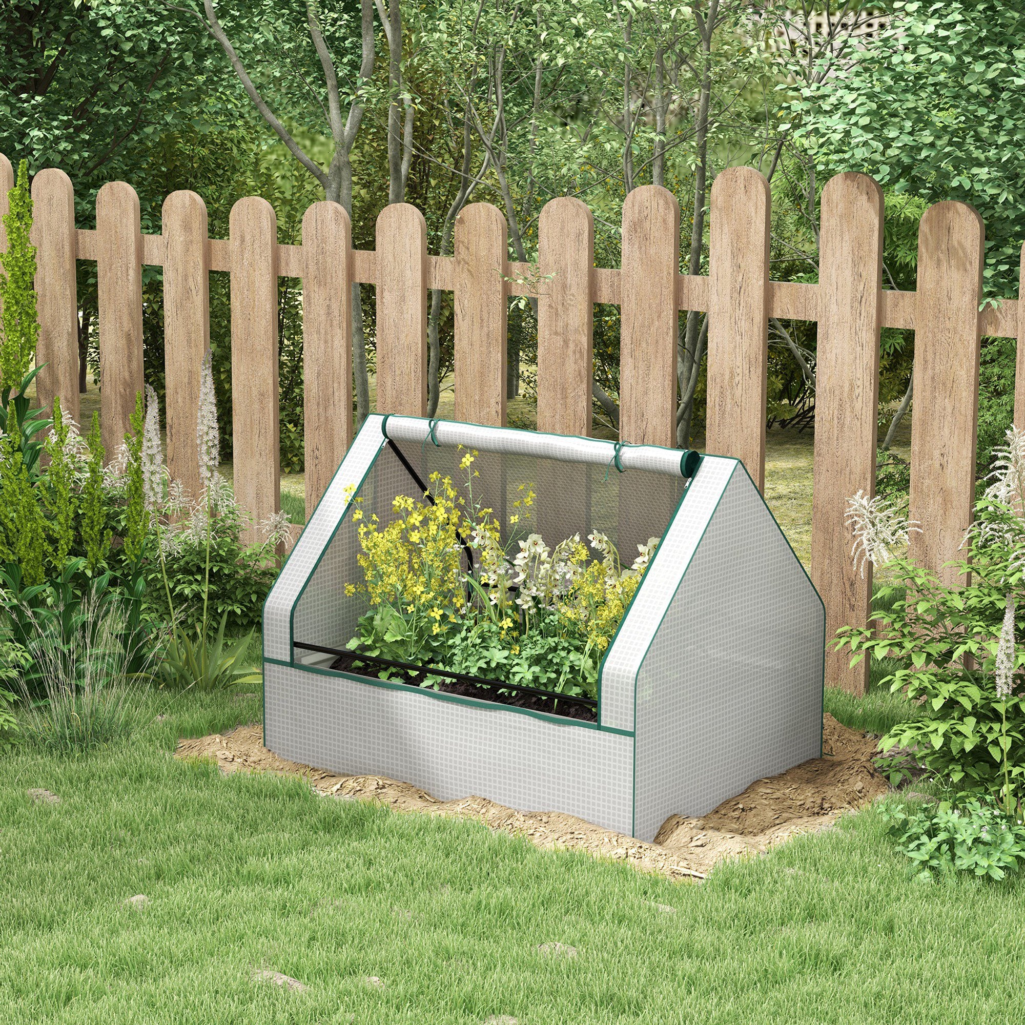 Raised Garden Bed, Outdoor Metal Planter Box with Mini Greenhouse, White and Silver - White, Silver - Image 2