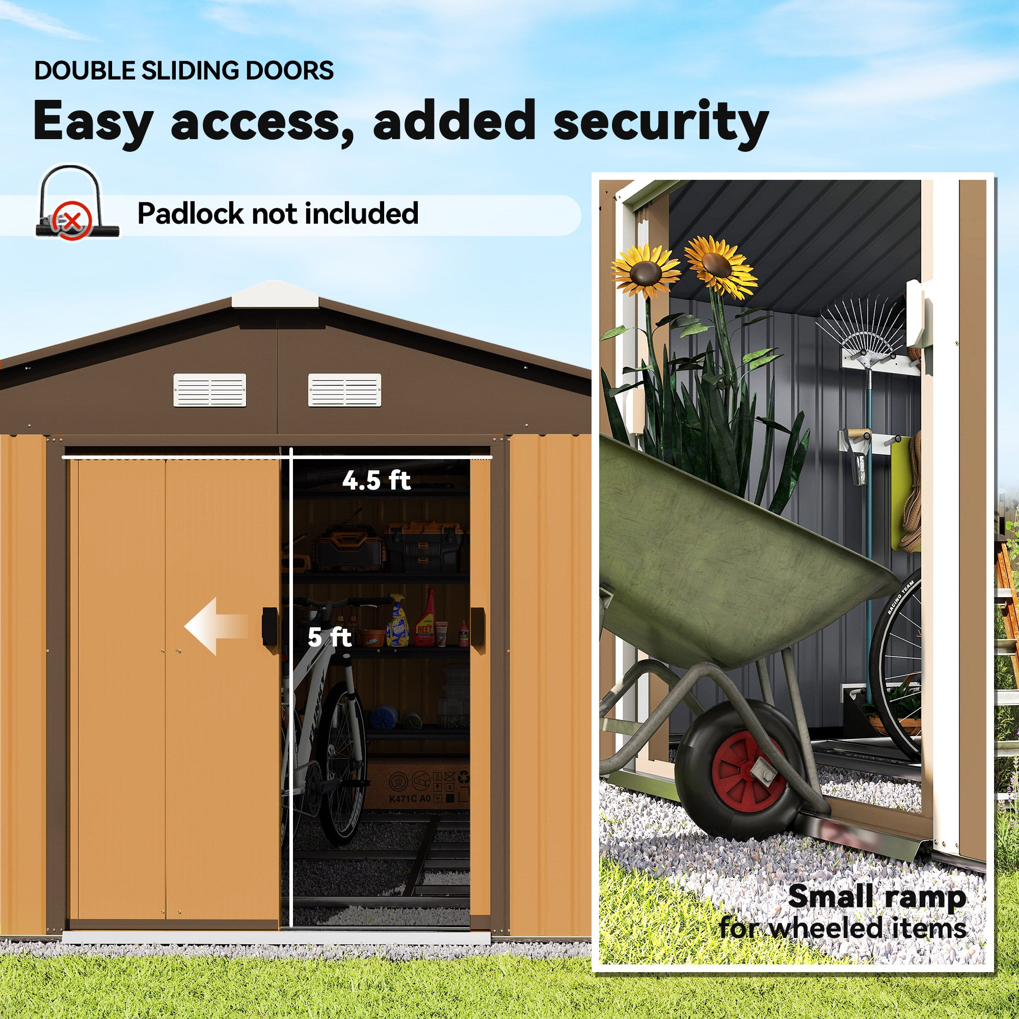 Garden Metal Shed, Storage Shed Utility Storage with Double Locking Doors for Bike, Yard Tools, Yellow - Yellow - Image 5