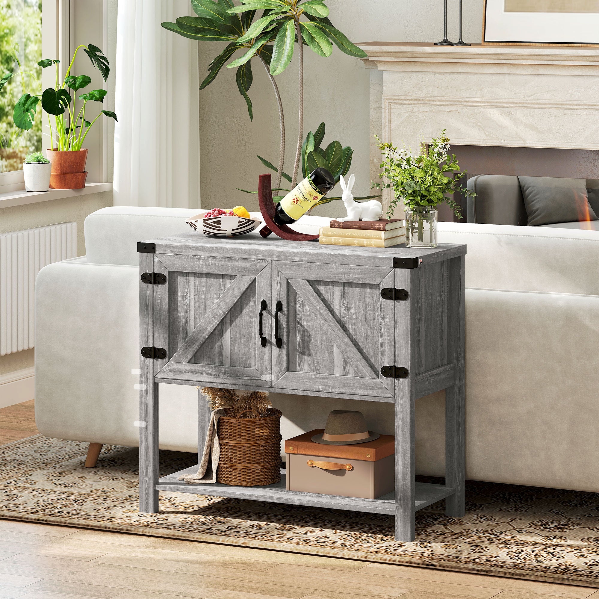 Farmhouse Double Door Coffee Bar Cabinet, Kitchen Cabinet with Bottom Shelf for Entryway, Living Room, Stone Gray