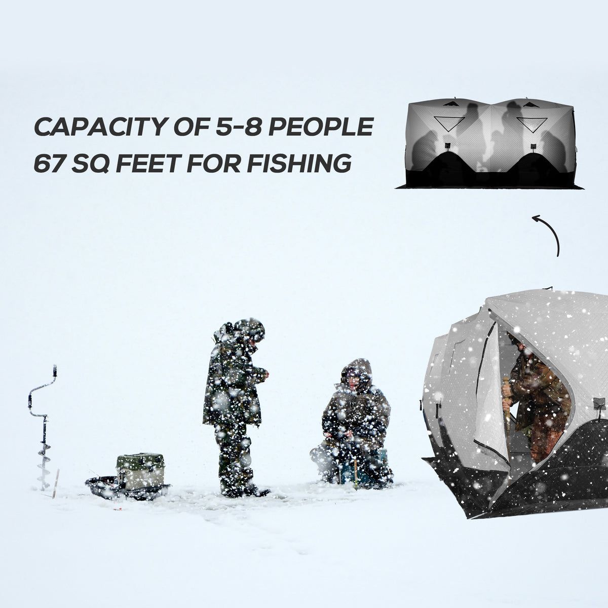 5-8 Person Ice Fishing Shelter, Pop-Up Ice Shanty Tent, Insulated Portable Tent with 2 Doors & Carrying Bag, Light Gray