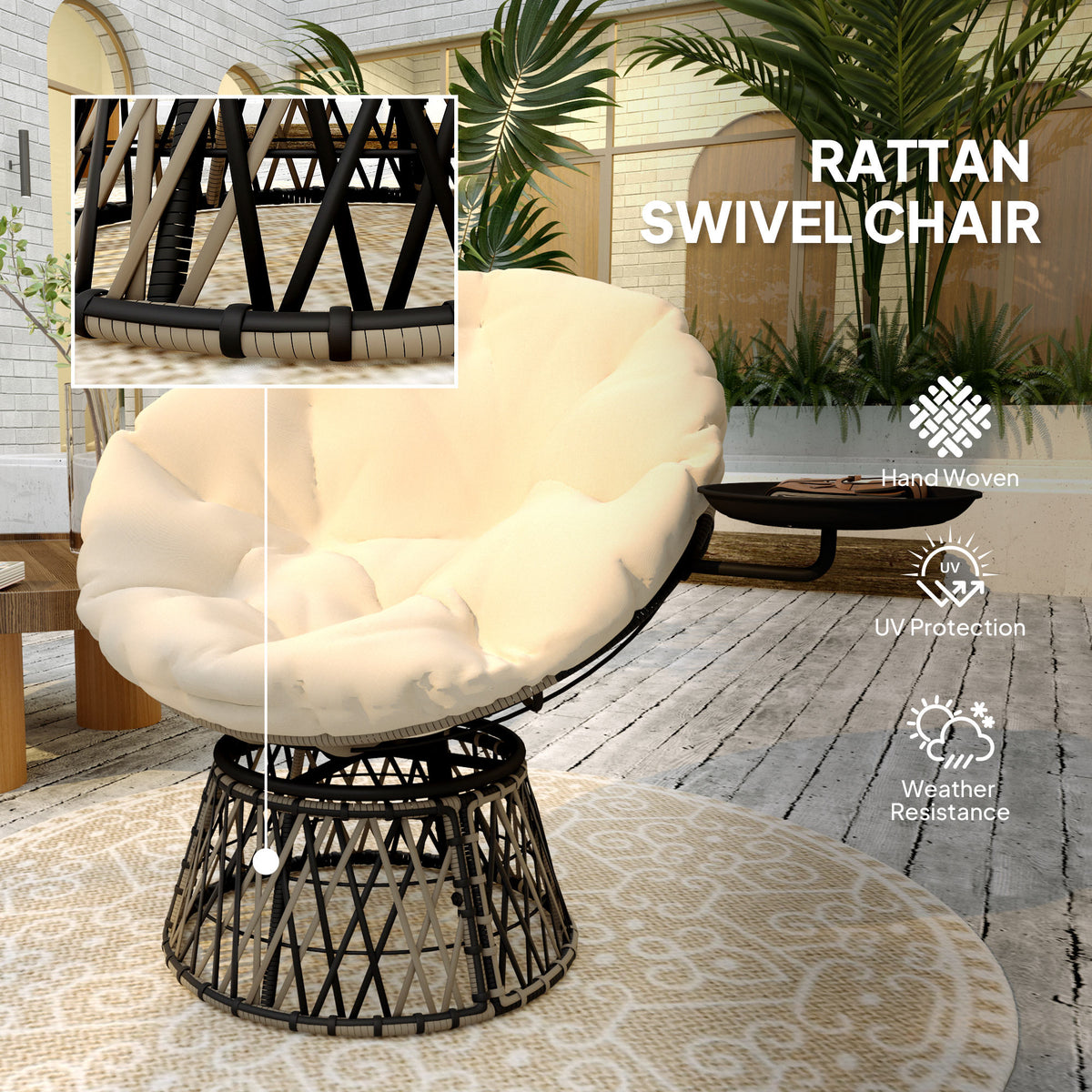 360° Swivel Outdoor Papasan Chair, 39" Overstuffed Circle Chair with Side Tray, Thick Cushion for Indoor Patio, Beige