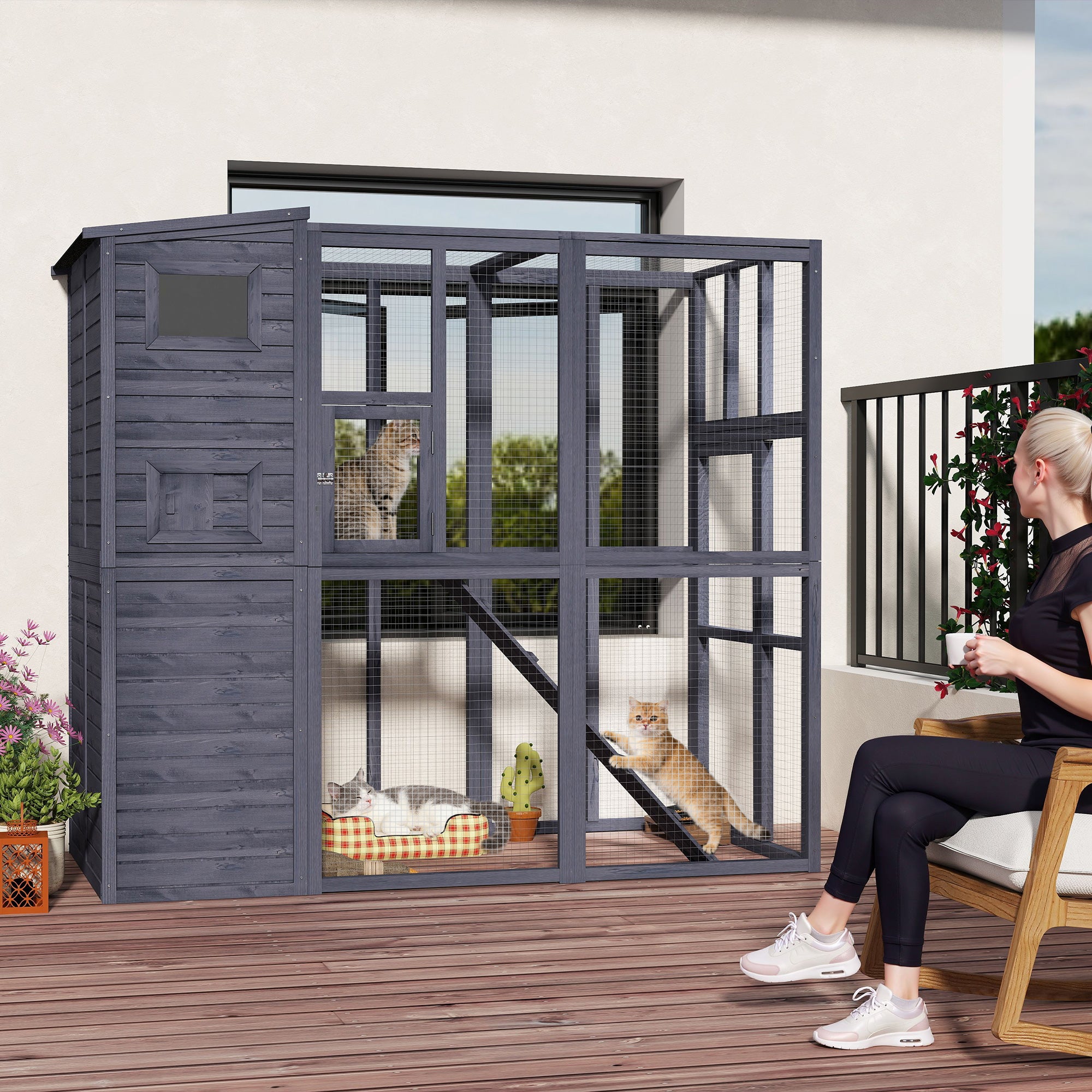 Wooden Outdoor Catio with Platforms, Asphalt Roof, Ramps, Gray - Gray - Image 2