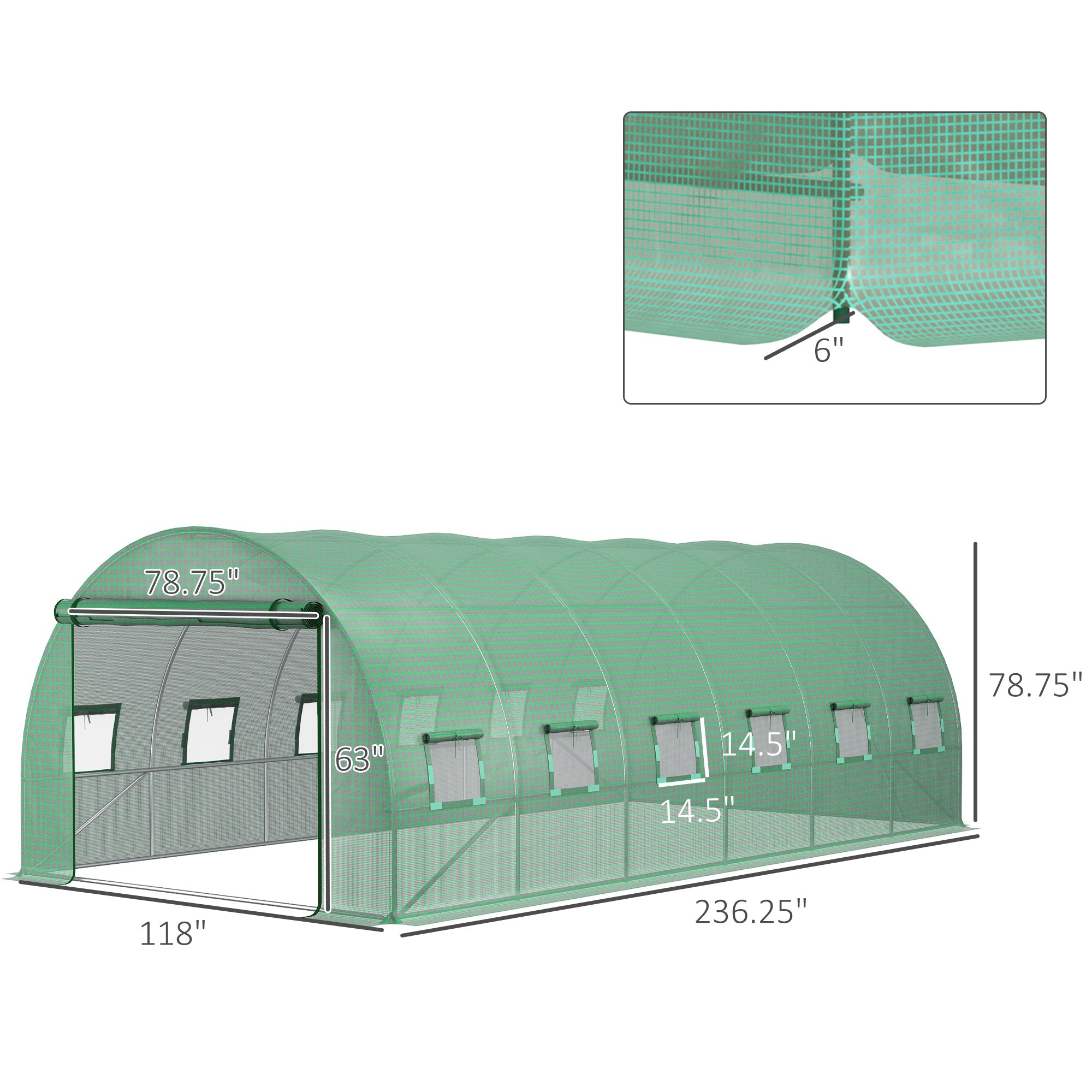 19.7' x 9.8' x 6.6' Plastic Greenhouse Cover Replacement, Heavy Duty Waterproof Tarp for Hoop House, Sheeting with 12 Windows, Door & Reinforcement Grid, Green - Green - Image 4