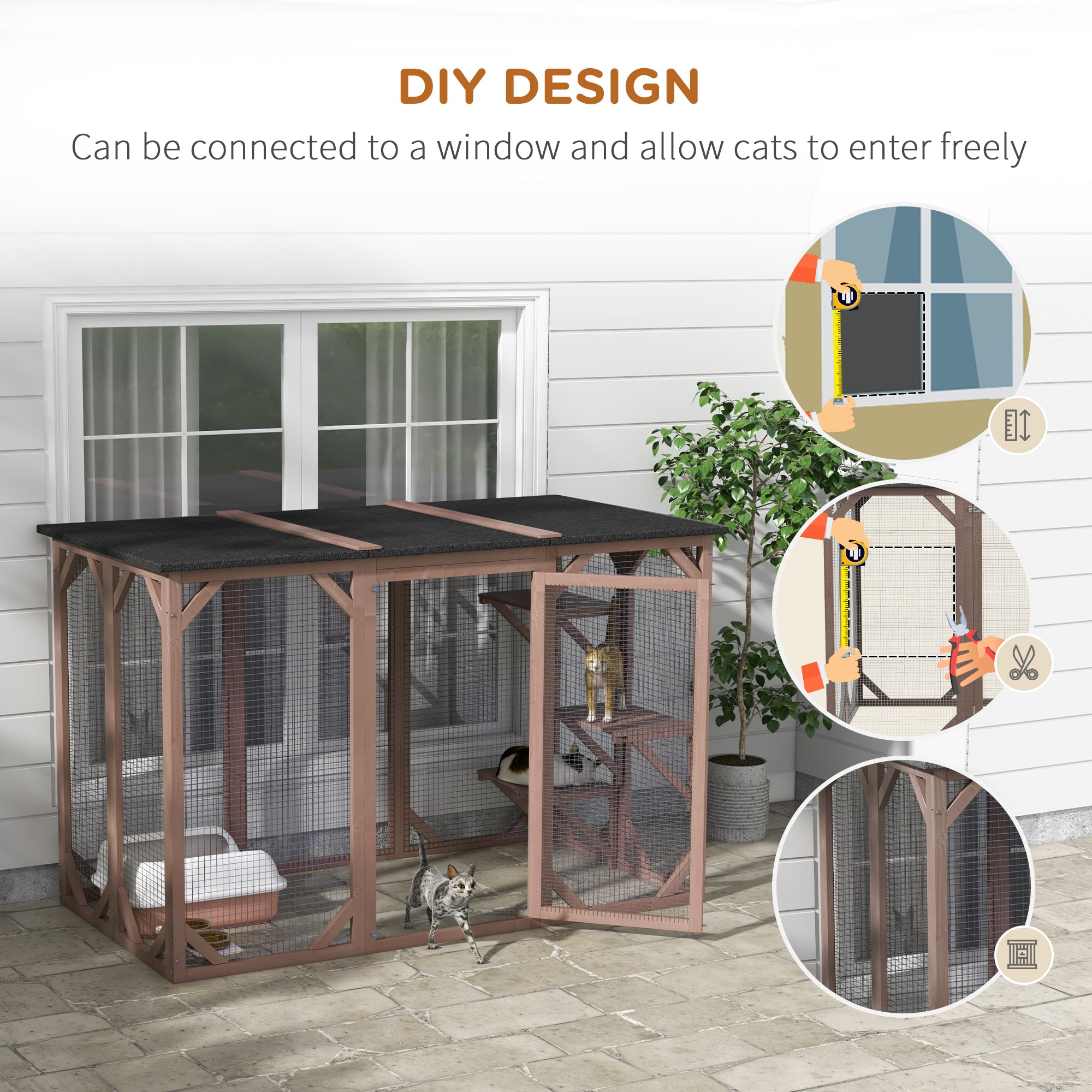 Outdoor Cat House, Catio Wooden Feral Cat Shelter, Cat Cage with Platforms, Large Enter Door, Weather Protection Asphalt Roof, 71" L, Brown - Brown - Image 4