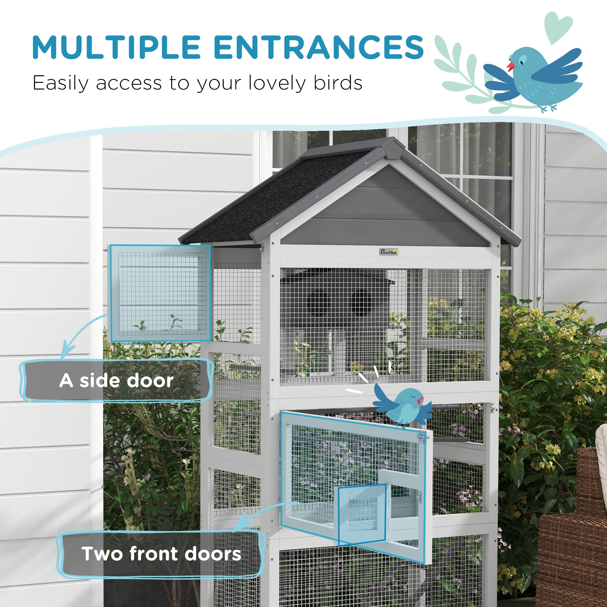 Wooden Bird Aviary with Slide-Out Tray, Birdhouse, Ladder, Perches for Finches, Parakeets, Gray - Gray - Image 5