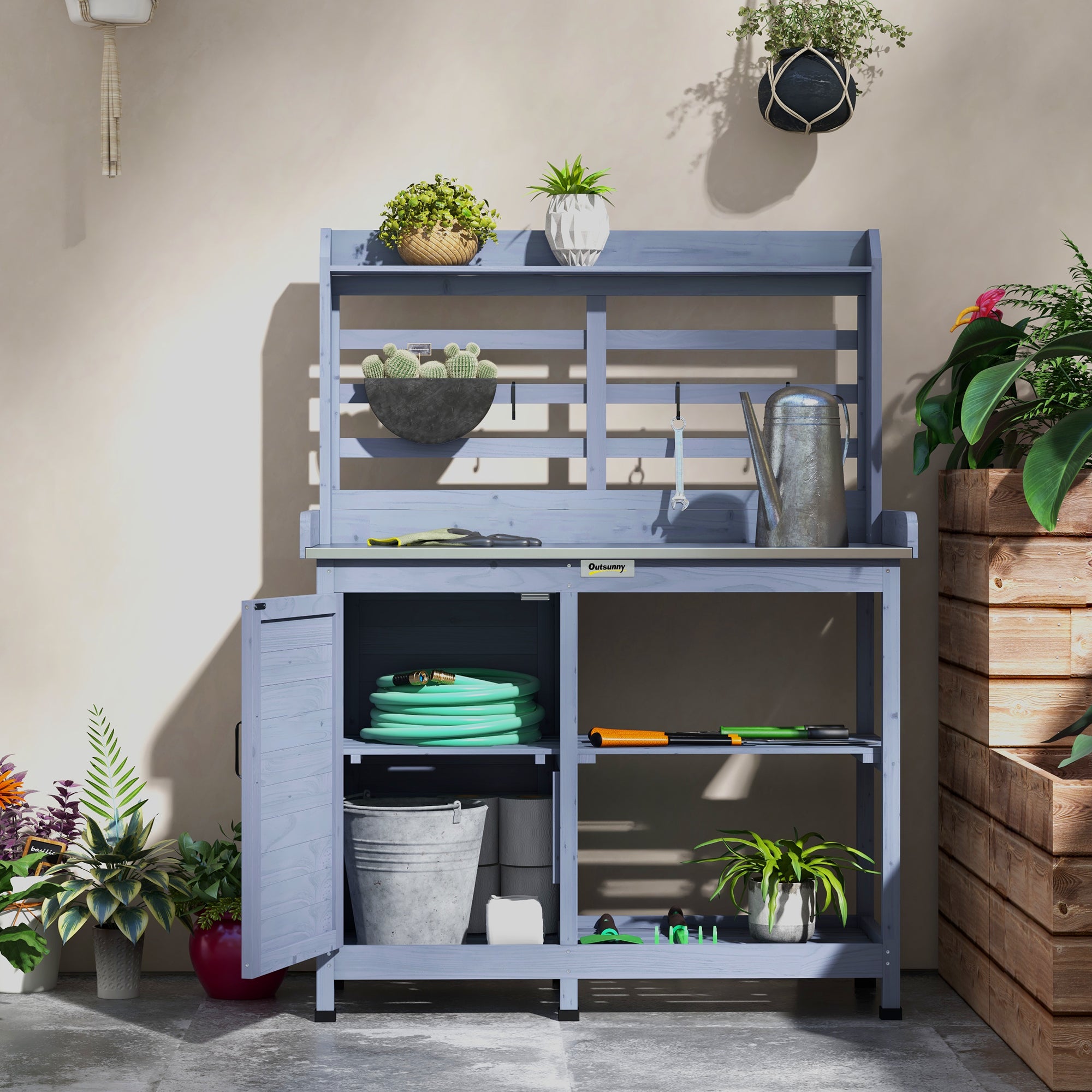 Wooden Potting Bench with Storage, Aluminum Tabletop for Backyard, Patio, Balcony, Gray - Gray - Image 7