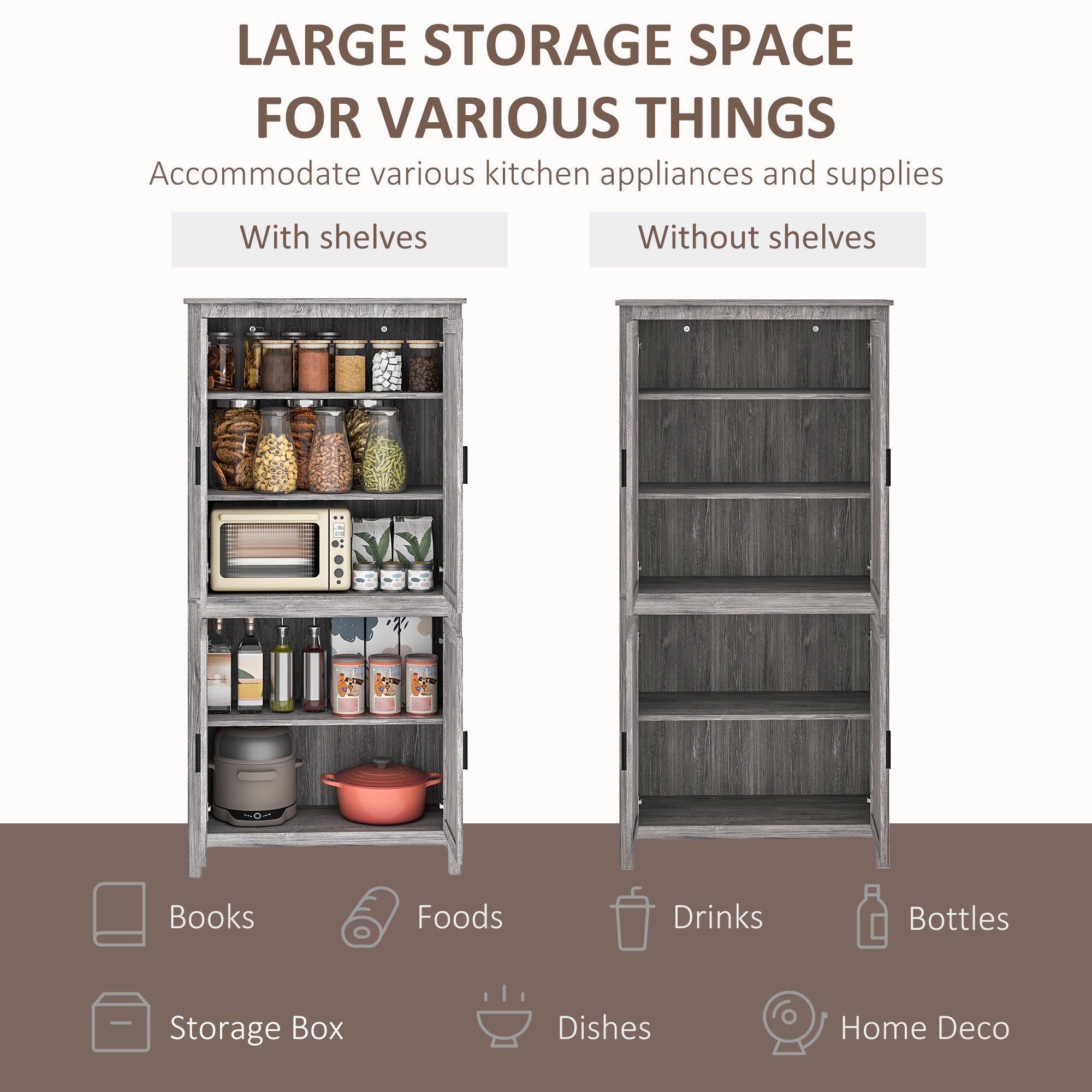64" 4-Door Kitchen Pantry, Freestanding Storage Cabinet with 3 Adjustable Shelves for Kitchen, Gray Oak