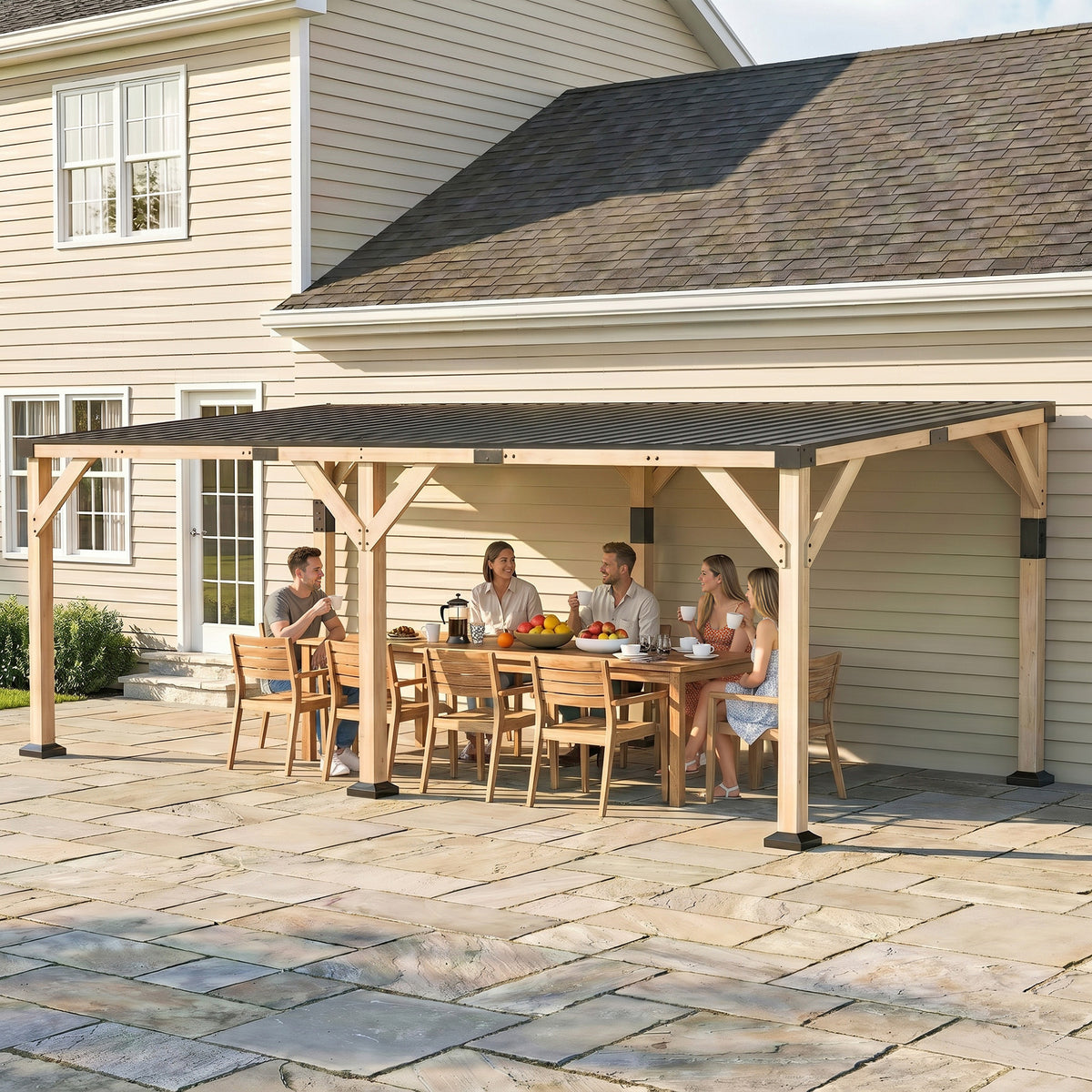 10' x 20' Wooden Gazebo, Hardtop Lean-to Gazebo Pergola with Galvanized Steel Sloped Roof, Light Walnut