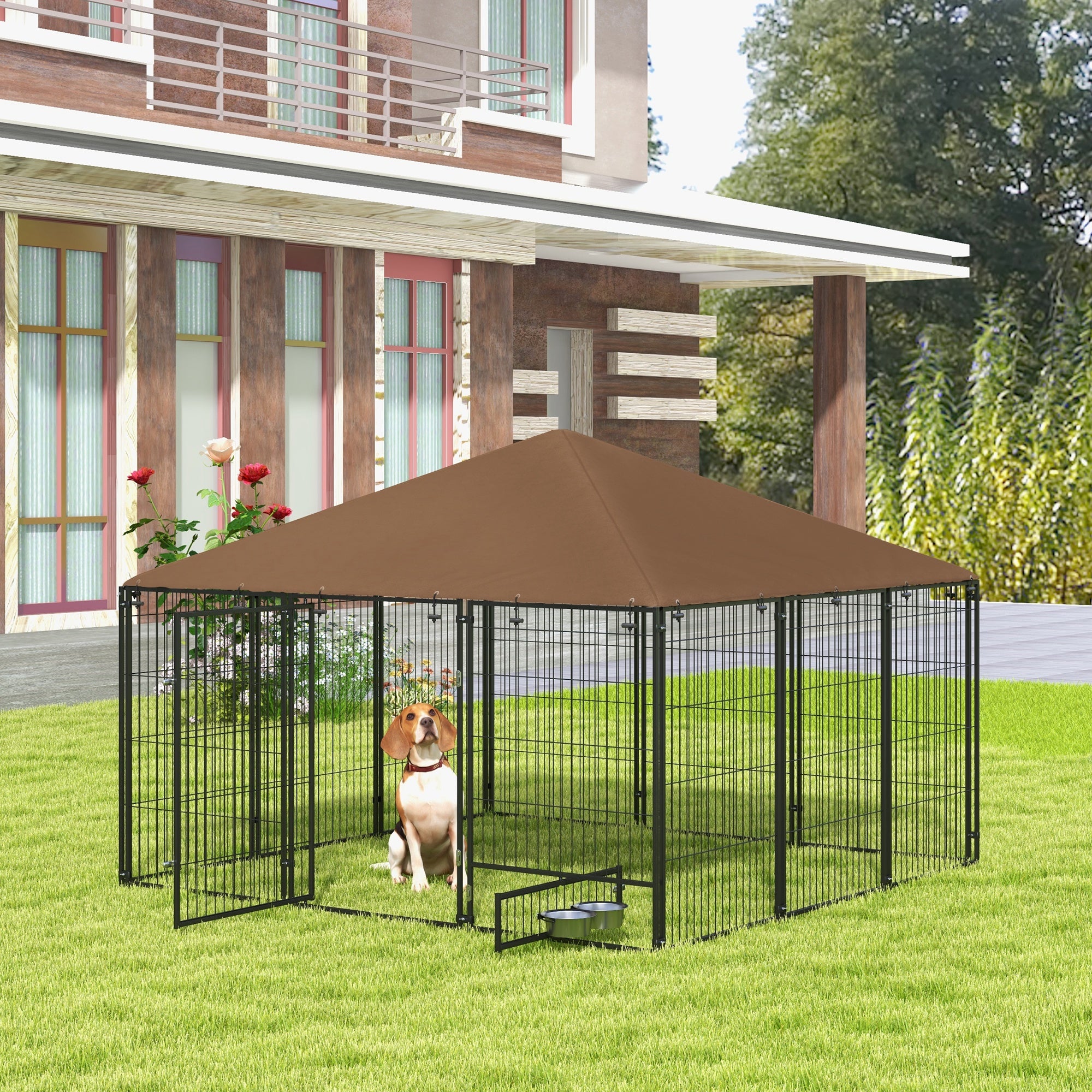 6.9' x 6.9' x 5' Outdoor Dog Kennel with Canopy Garden Playpen Fence Crate Enclosure Cage Rotating Bowl, Coffee - Coffee - Image 2