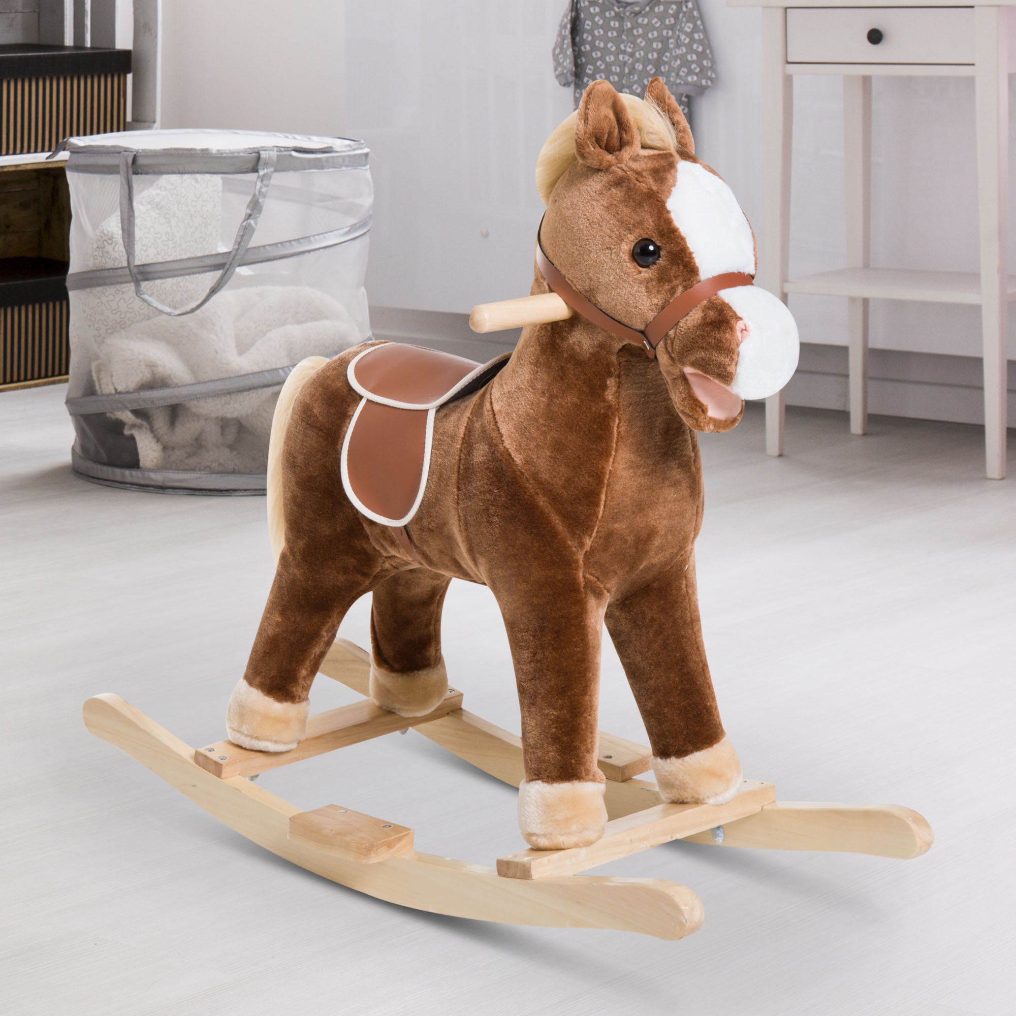 Kids Ride on Rocking Horse Toddler Plush Toy with Realistic Sounds for 3 Years Old Children - Brown