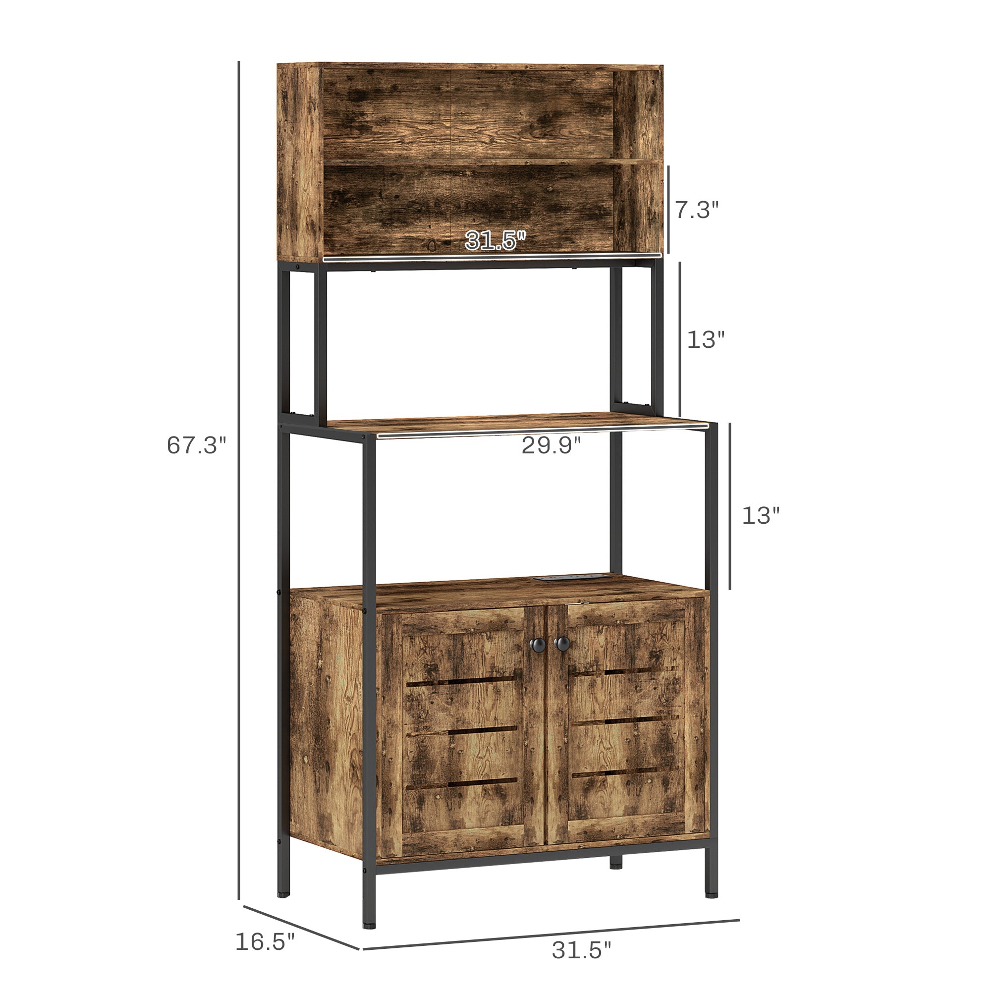 Baker's Rack with Power Outlet and Storage Shelves, Microwave Stand with Louvred Door Cabinets, Rustic Brown