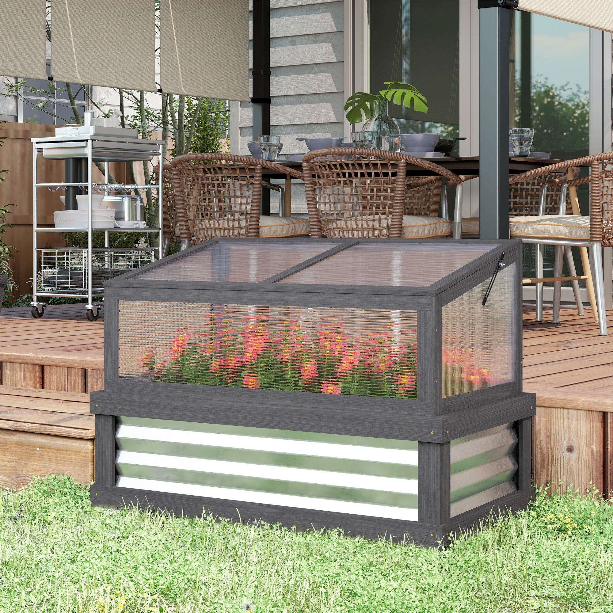 Raised Garden Flower Bed Kit with Lean-to Greenhouse, Wooden Cold Frame Planter, 41" x 22.5" x 28.25", Gray - Gray - Image 2