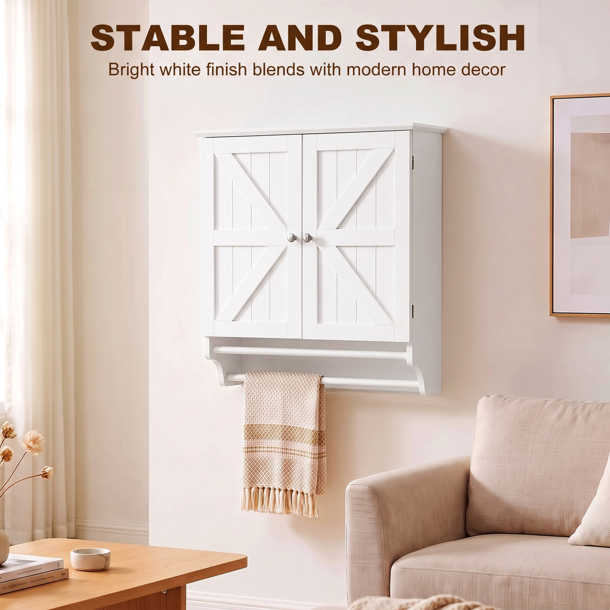 Bathroom Wall Cabinet, Medicine Cabinet with Adjustable Shelf, 2 Doors & Towel Racks, 23.8" x 8.9" x 25.2", White