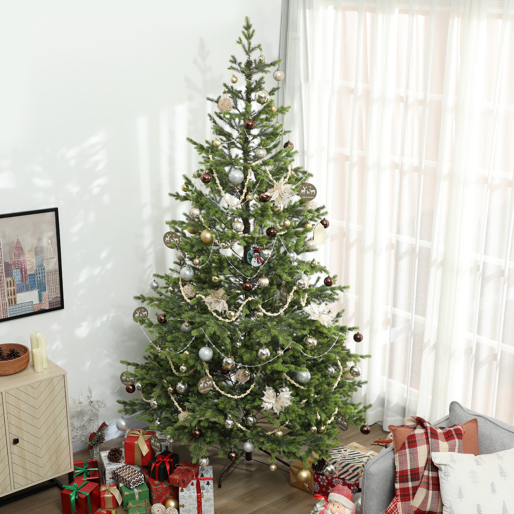 9ft Artificial Prelit Sparse Cedar Christmas Tree with LED Lights and 4306 Tips, Steel Base for Home Office Holiday