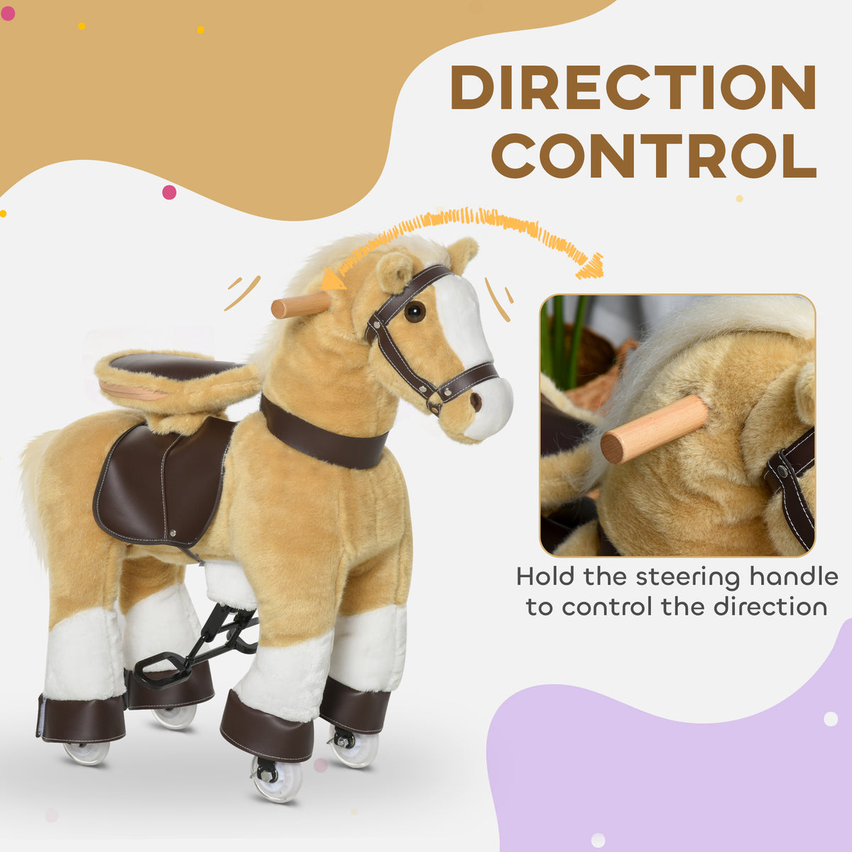 Qaba Ride on Horse, Plush Walking Horse Toy, Kids Riding Chair with Wheels for Kids 3-9 Years, Light Brown