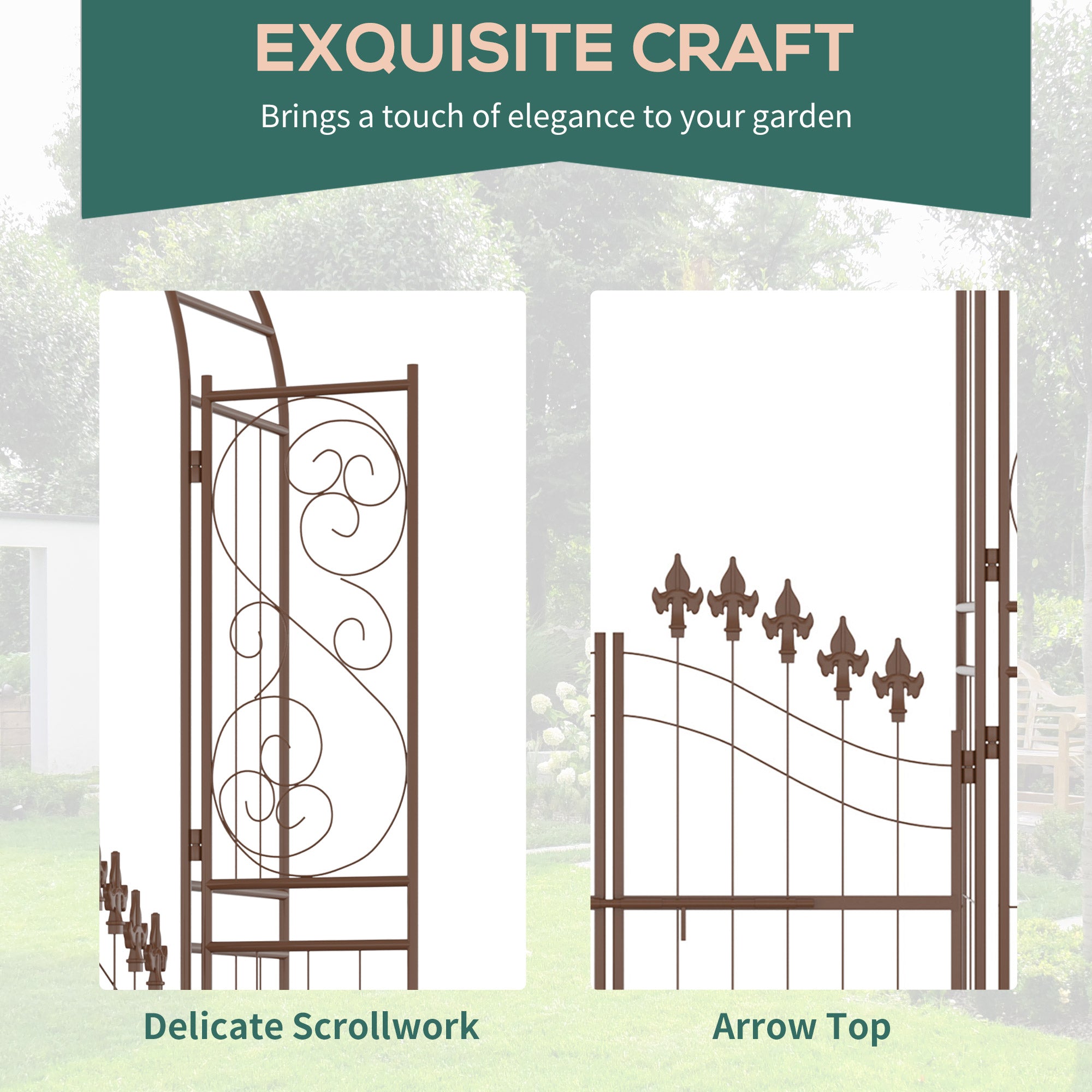 7' Metal Garden Arbor, Garden Arch with Gate, Fleur De Lis Motif, Latching Doors, Planter Shelves for Climbing Vines, Ceremony, Weddings, Party, Garden, Backyard, Lawn, Brown - Brown - Image 6