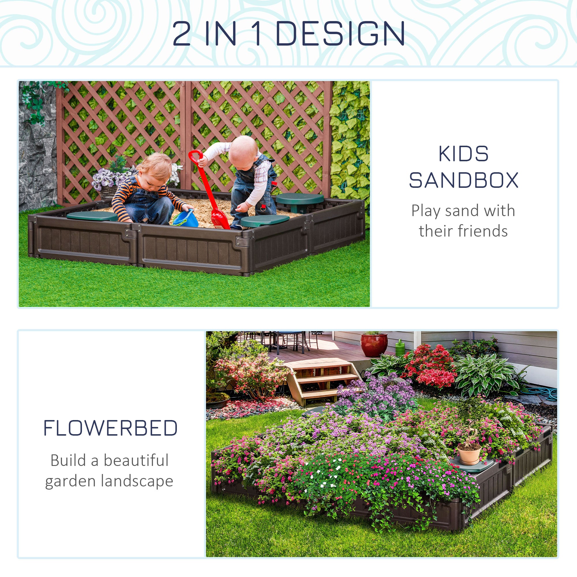 Kids Outdoor Sandbox with Cover Garden Bed, Easy Assembly for Backyard, Brown, 48.5" x 48.5" x 8.25"