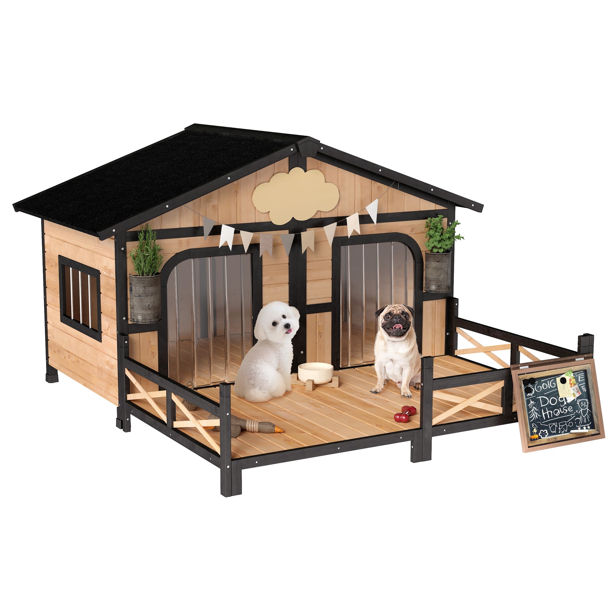 Dog House Outdoor, Wooden Dog Kennel Weatherproof with Porch, Openable Roof, Removable Bottom, Elevated Floor, Double Room for 2 Small to Medium Breeds, Natural - Natural Wood