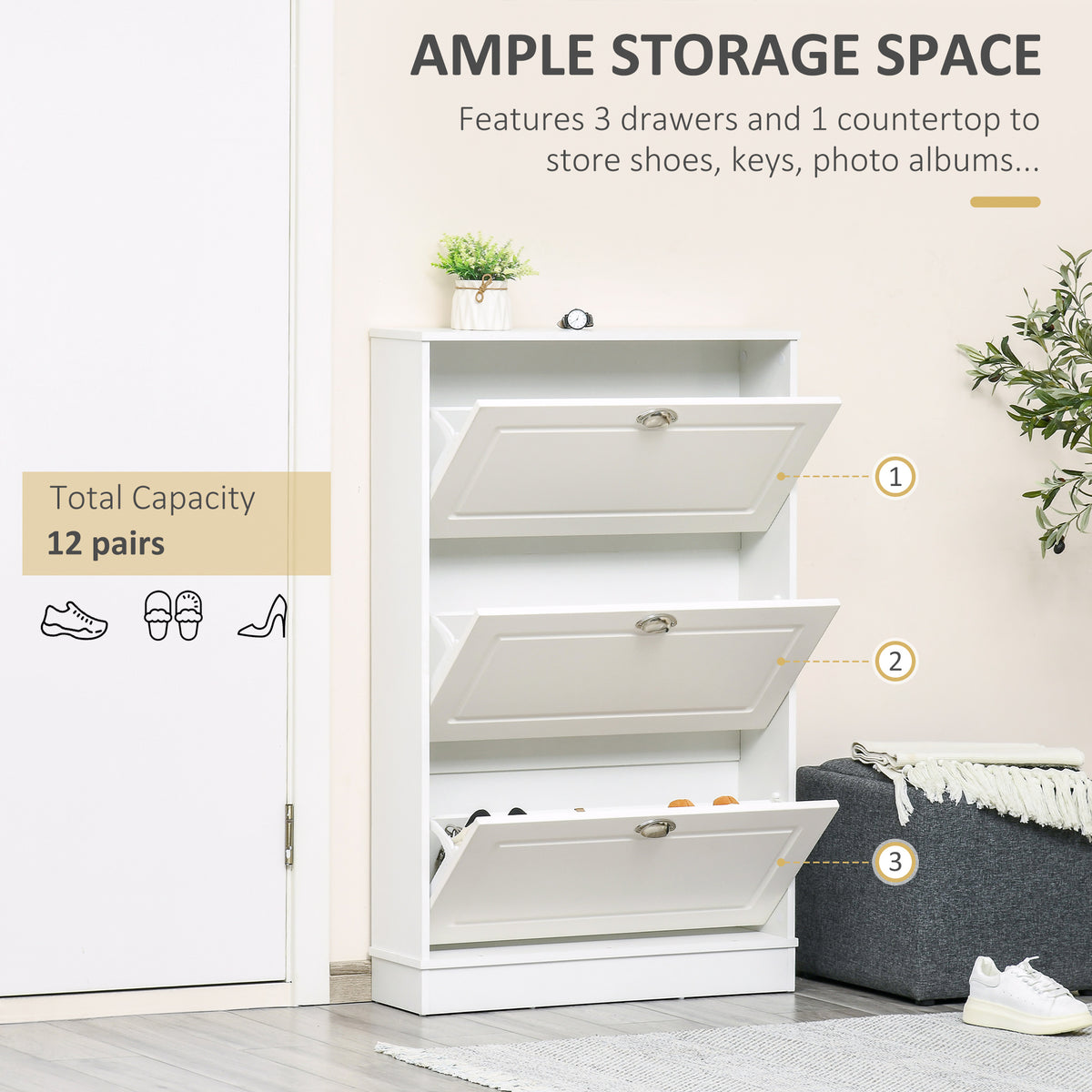 Shoe Cabinet, Narrow Shoe Storage Cabinet with 3 Flip Drawers, Holds 12 Pairs for Entryway, Hallway, White