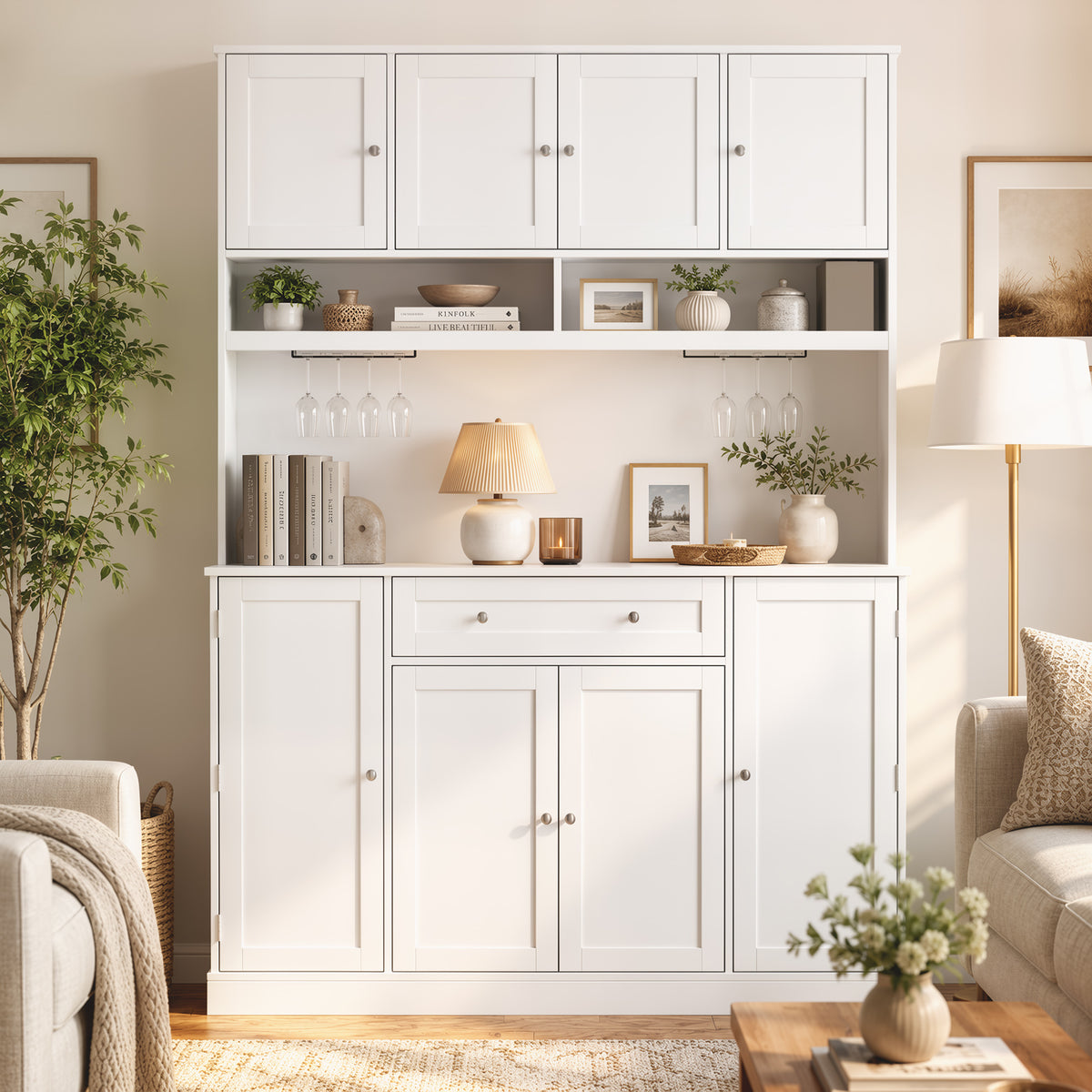 73" Pantry Cabinet with Charging Station, 55" Wide Kitchen Pantry with Microwave Stand, White